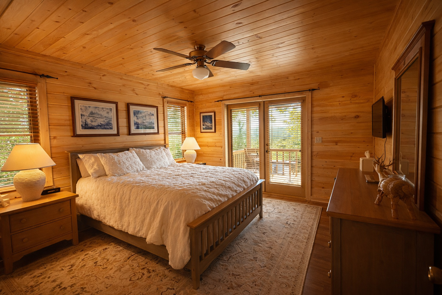 A bedroom with wooden walls, ceiling, and floors, featuring a large bed with white bedding, two nightstands with lamps, and a dresser with decorative items. There are windows and a glass door leading to a balcony with trees outside.