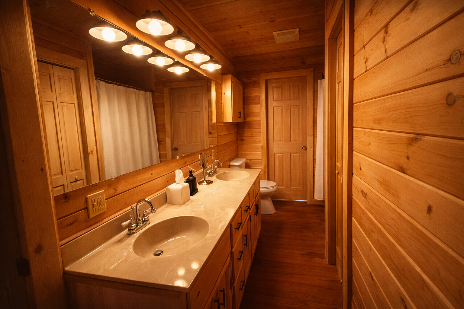 A bathroom with wooden walls, a double sink vanity with a marble countertop, a large mirror, and overhead lighting. The bathroom also has a toilet and wooden cabinetry.