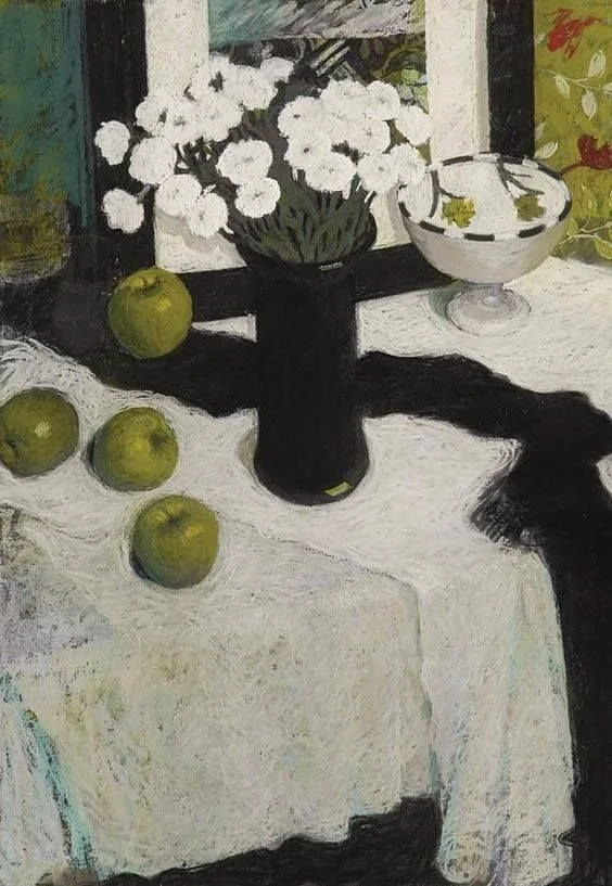 Still life painting of white flowers in a black vase, four green apples on a white cloth, a bowl of salad with greens, and a background with dark and light colors.