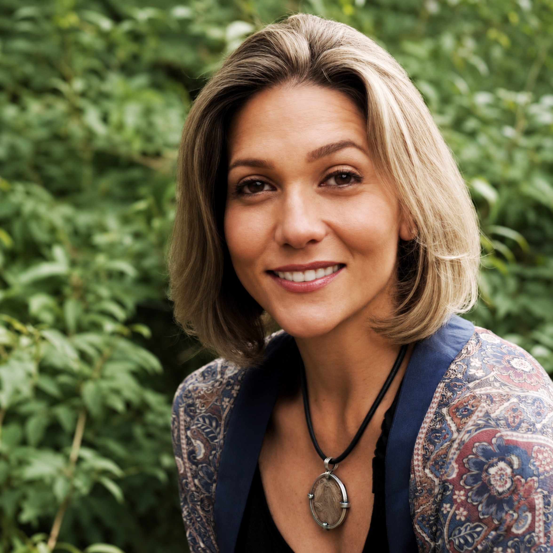 Close-up of a woman with wavy light brown and blonde hair, smiling, outdoors with green foliage in the background, wearing a necklace and a patterned blouse.