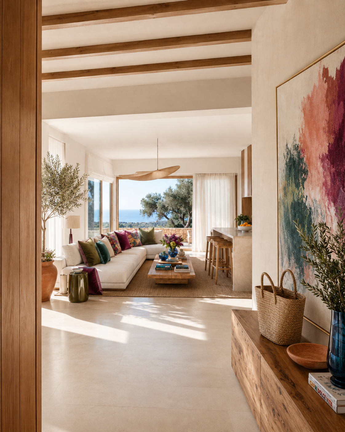 Entrance to a mediterranean living room that has been renovated with ceiling beams, modern wood furniture, a contemporary painting with purple, pink and teal splashes.
