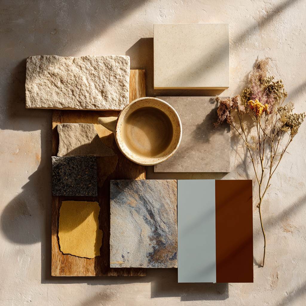Kitchen Material Board with stone, tiles in earth tone colors.