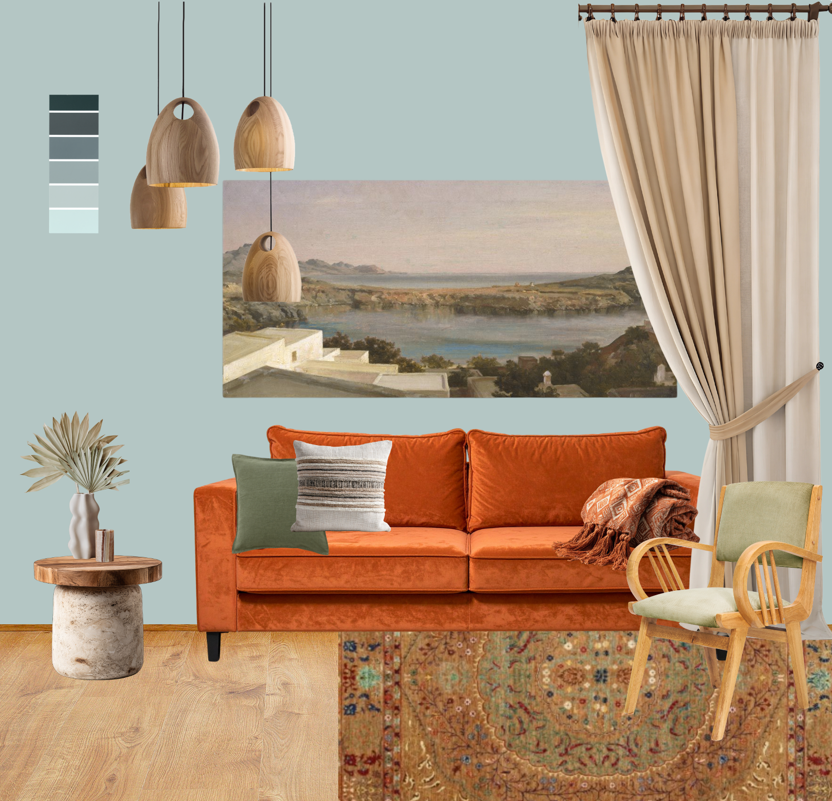 Living room with a light blue wall, a landscape painting, beige curtains, a burnt orange sofa with pillows and a throw blanket, a wooden chair with a light green cushion, a small round wooden and concrete side table with a ceramic vase and dried plants, hanging wooden pendant lights, and a patterned area rug.