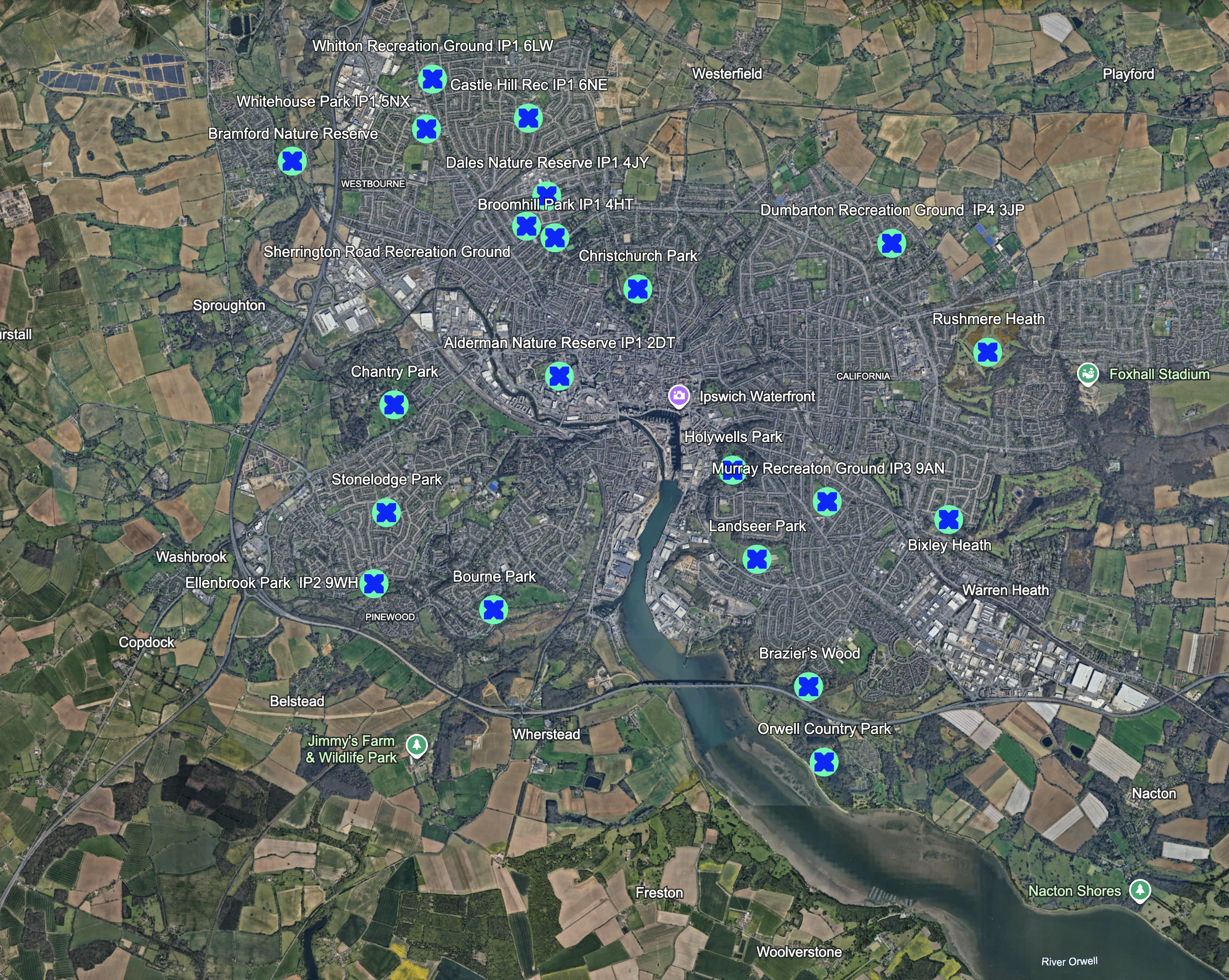 Ipswich Parks and Green Spaces on Google Maps