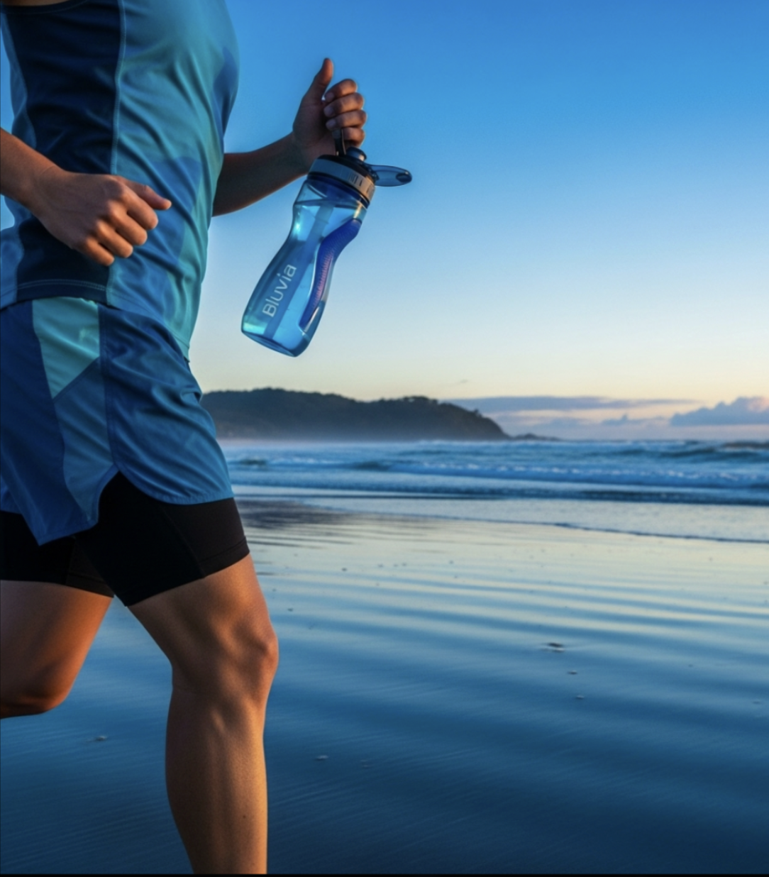 Person jogging on the beach at sunset, staying hydrated with a blue bluvia sport bottle.