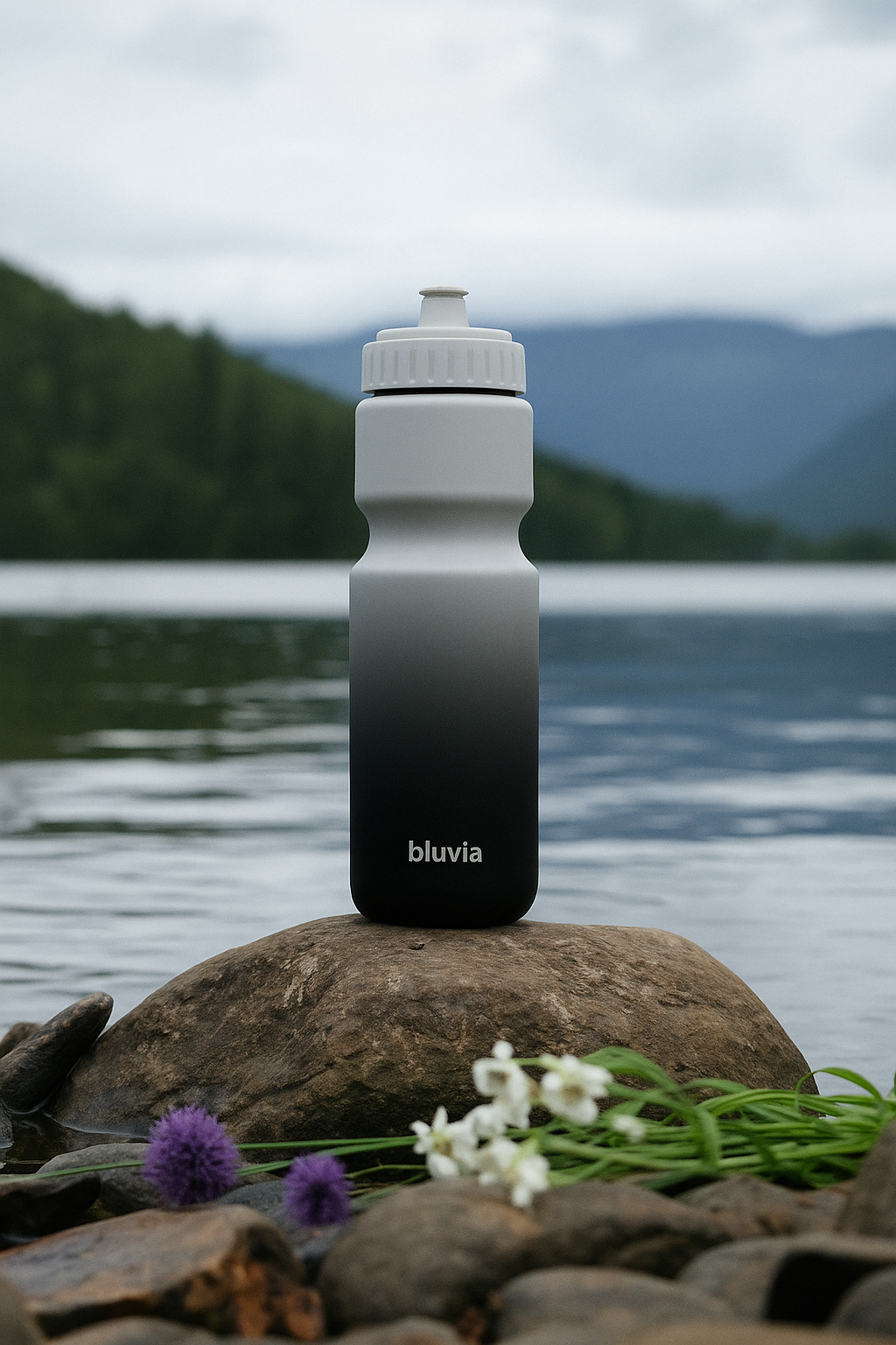 bluvia insulated water bottle in black and white resting on a rock in a scenic, natural landscape.
