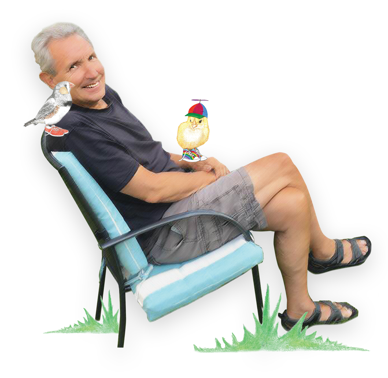 A man sitting in a reclined outdoor chair with a black background, smiling. Two cartoon birds are placed on him: one on his shoulder and another on his arm. The scene includes some grass at the bottom.