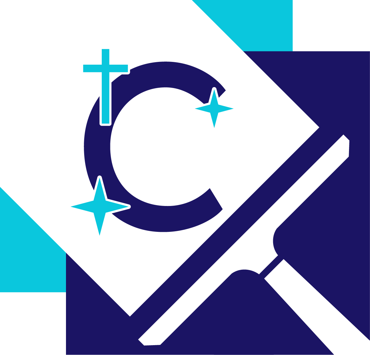 Blue logo with a C and light blue sparkles