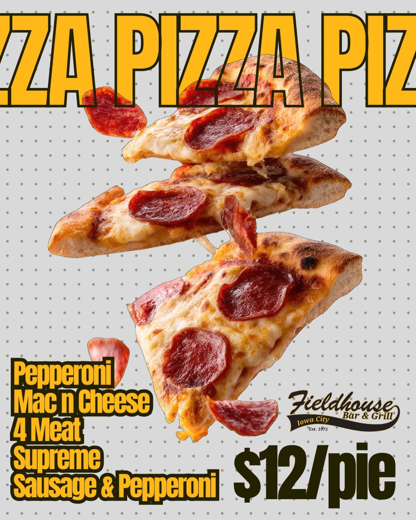 Did someone say pizza? Fieldhouse is officially serving FOOD &mdash; starting with $12 pies in all your favorite flavors. 🍕

#fieldhouse #iowacity #downtowniowacity #uiowabars #iowacitybars #pizza #foodlaunch #weekend #goingout