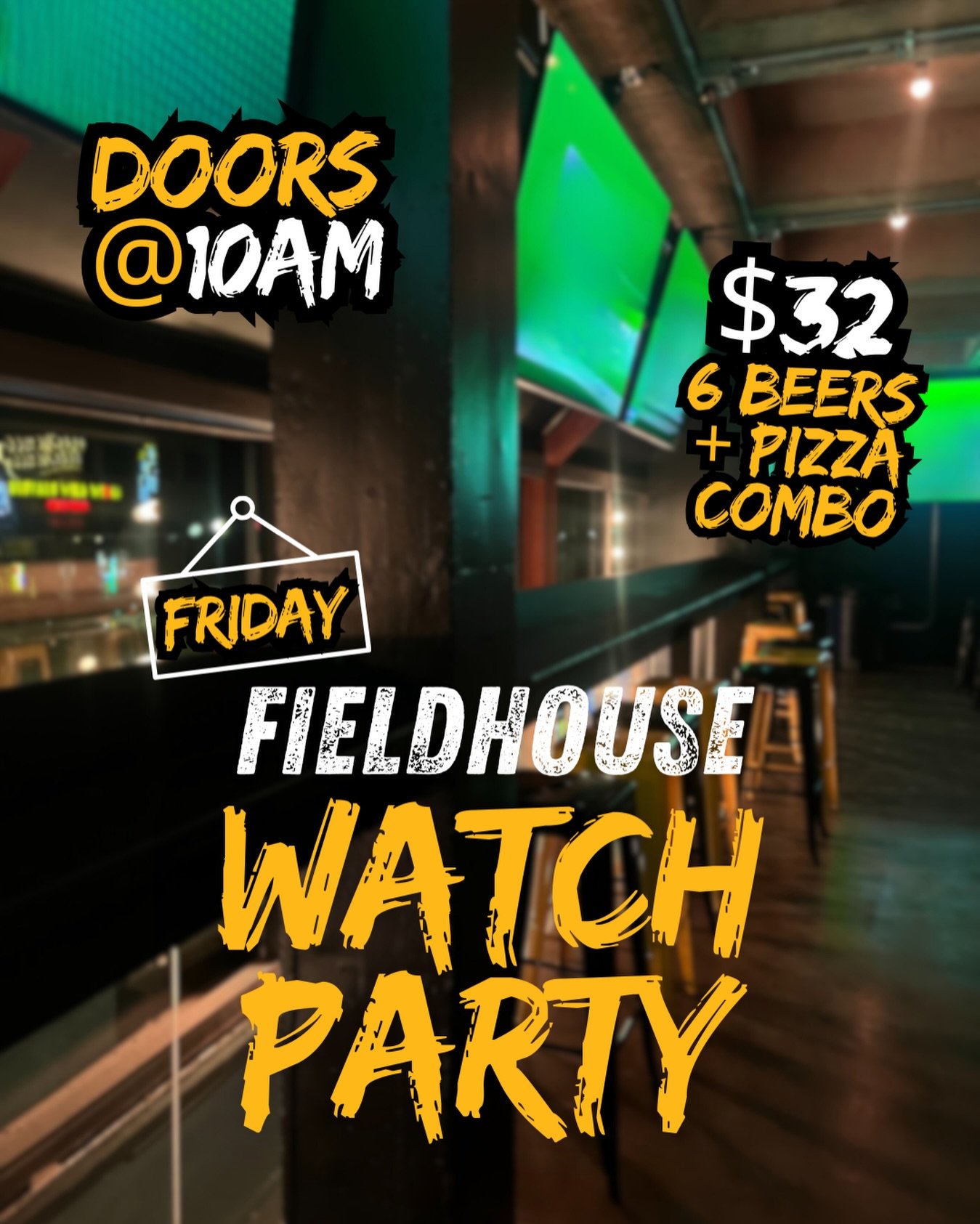 Friday watch party at Fieldhouse! Doors at 10am + the $32 beer-and-pizza combo. Let&rsquo;s make a day of it. 🤩

#fieldhouse #iowacity #downtowniowacity #uiowabars #iowacitybars #gameday #watchparty #weekend #goingout