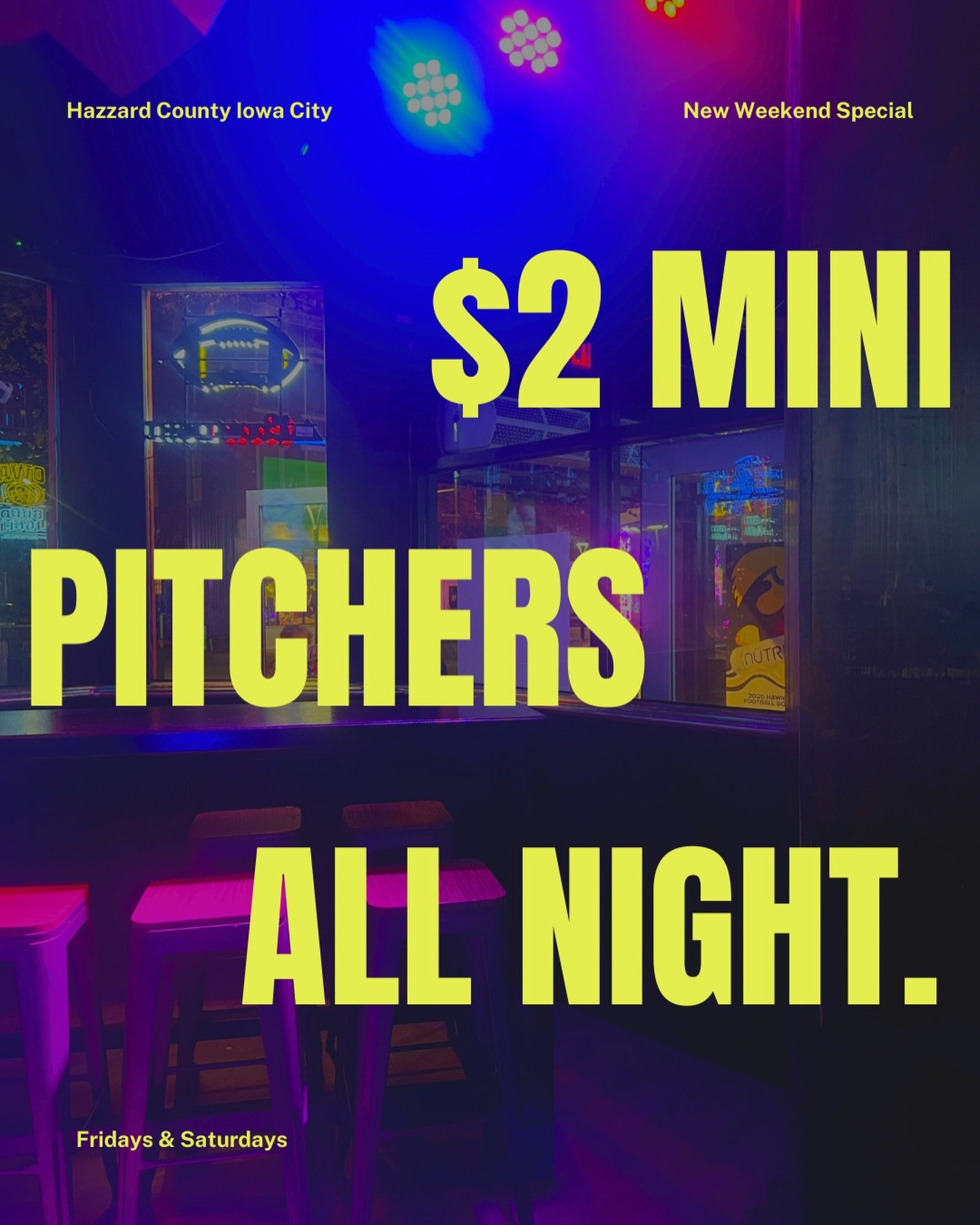 New weekend special unlocked 🔓 $2 mini pitchers all night long! 😍
-
#drinkdeals #goingout #weekend #hazzardcounty #americansaloon #hazzardcountyiowacity #downtowniowacity #uiowabars #iowacitybars