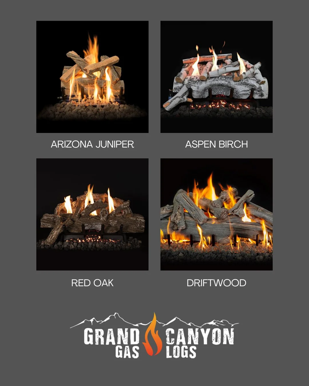 One fireplace, endless possibilities. 🔥 From Arizona Juniper to Aspen Birch, Grand Canyon Gas Logs bring realistic style to every flame.⁠
⁠
#fireplacesdirect #grandcanyongaslogs #gaslogs #fireplaceinspo #homeheating #modernfireplace #designoptions #