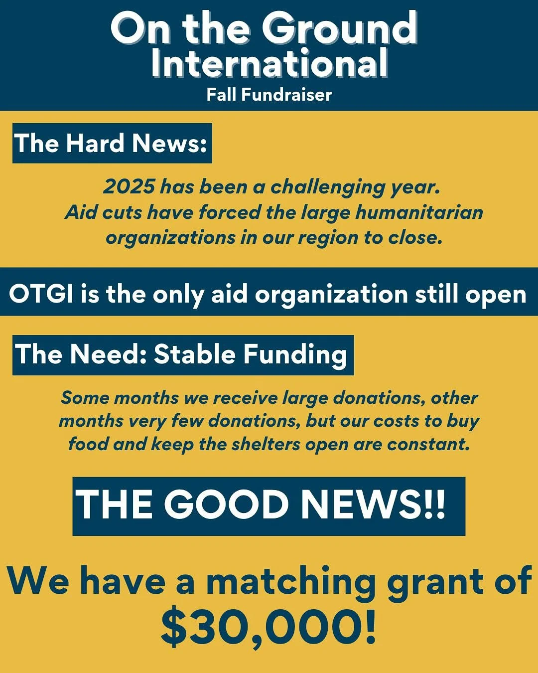 OTGI Friends and Supporters! ❤️ We’re SO excited about this matching grant, and we hope many of you can come alongside us in maximizing this incredible opportunity!
After much deliberation on how best to use this generous gift, our goal is to