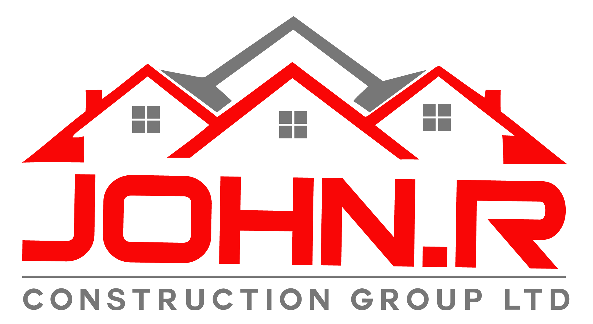 Logo for John R Construction Group Ltd featuring stylized red and black house roofs and windows with the company name in bold red and gray text.