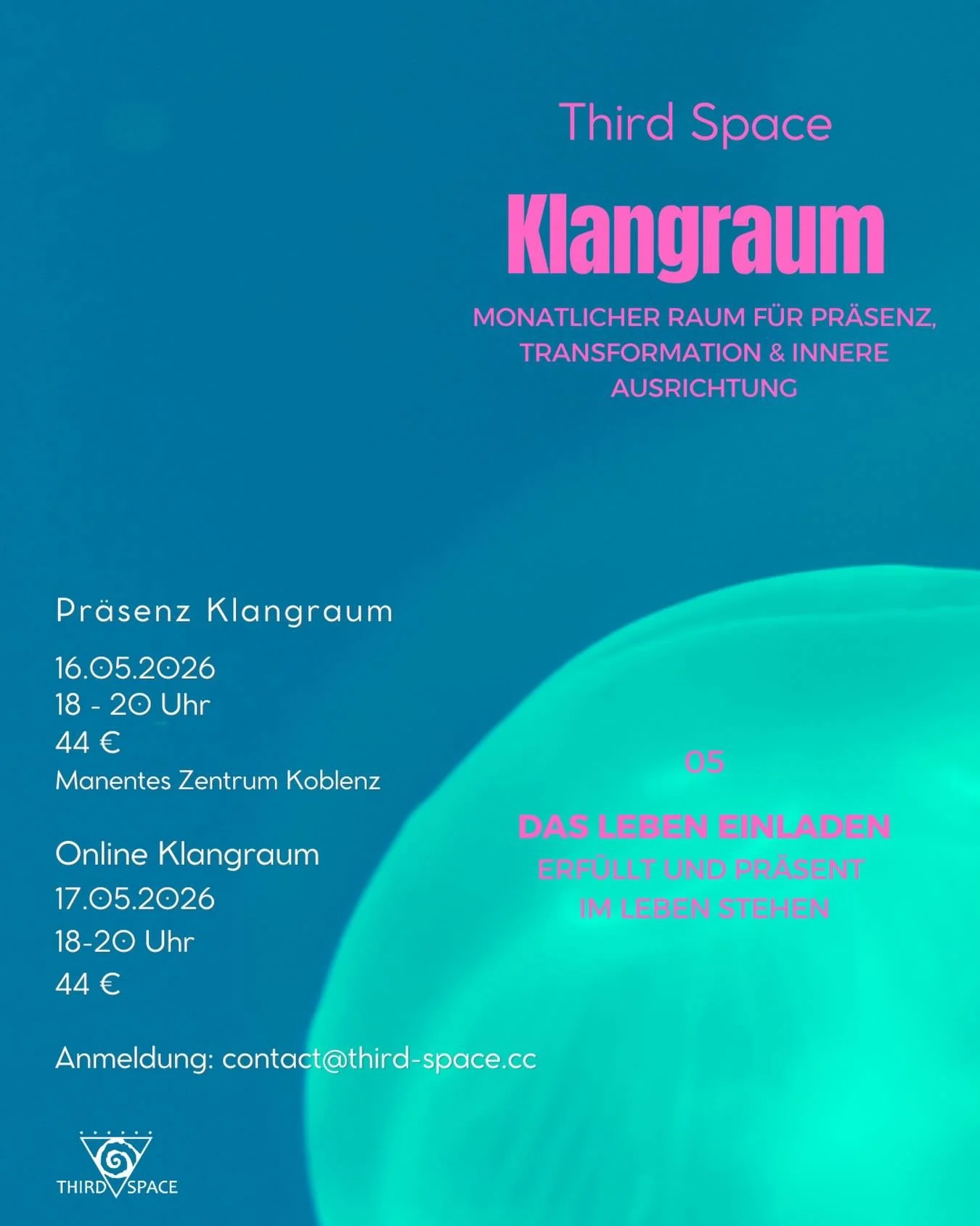 Ich er&ouml;ffne einen neuen Raum ✨

Third Space &ndash; Klangraum
Ein monatlicher Raum f&uuml;r Pr&auml;senz, Transformation &amp; innere Ausrichtung 
Ein Raum, in dem wir zusammenkommen und jeden Monat in ein spezifisches Thema tiefer eintauchen.

