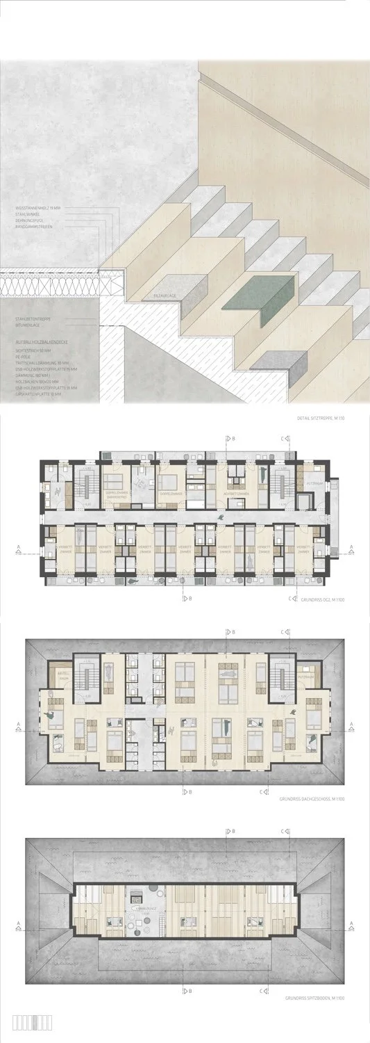 Architectural plans and drawings of building levels and staircases.