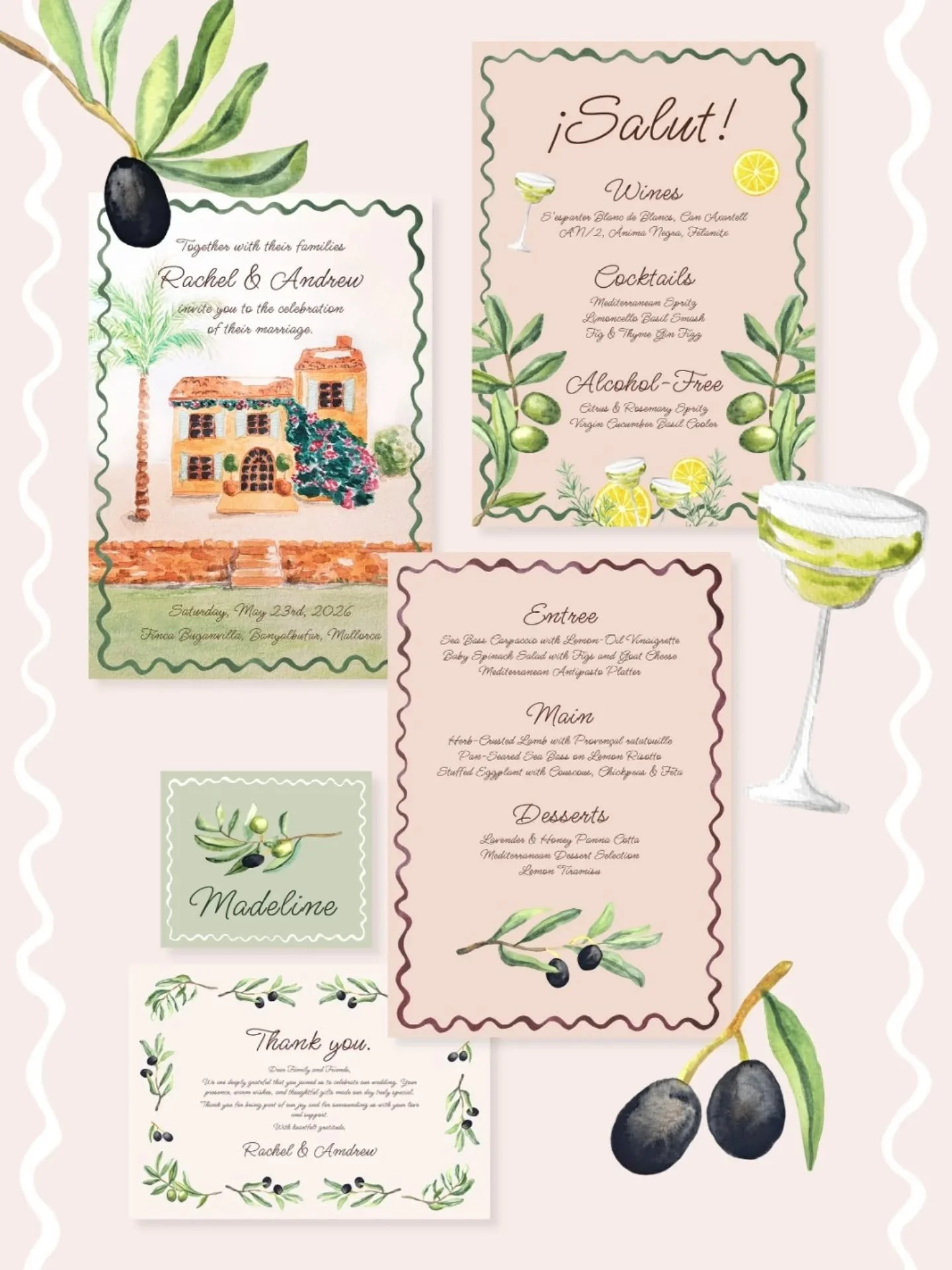 Mediterranean bliss for Rachel &amp; Andrew's special day 🫒🍸

Each piece in this suite was hand-painted with watercolors and lots of love, featuring olive branches and natural earthy hues.

Ready to elevate your wedding with unique, personalized to