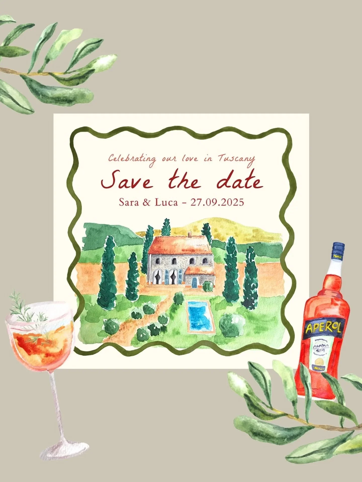 Save the date and thank you cards for Sara &amp; Luca's wedding in Tuscany 🫒🍷

I designed two colorways for the whole wedding suite, one in olive green and one in beige-red.

Which of the designs you like more? ☺️

.................................