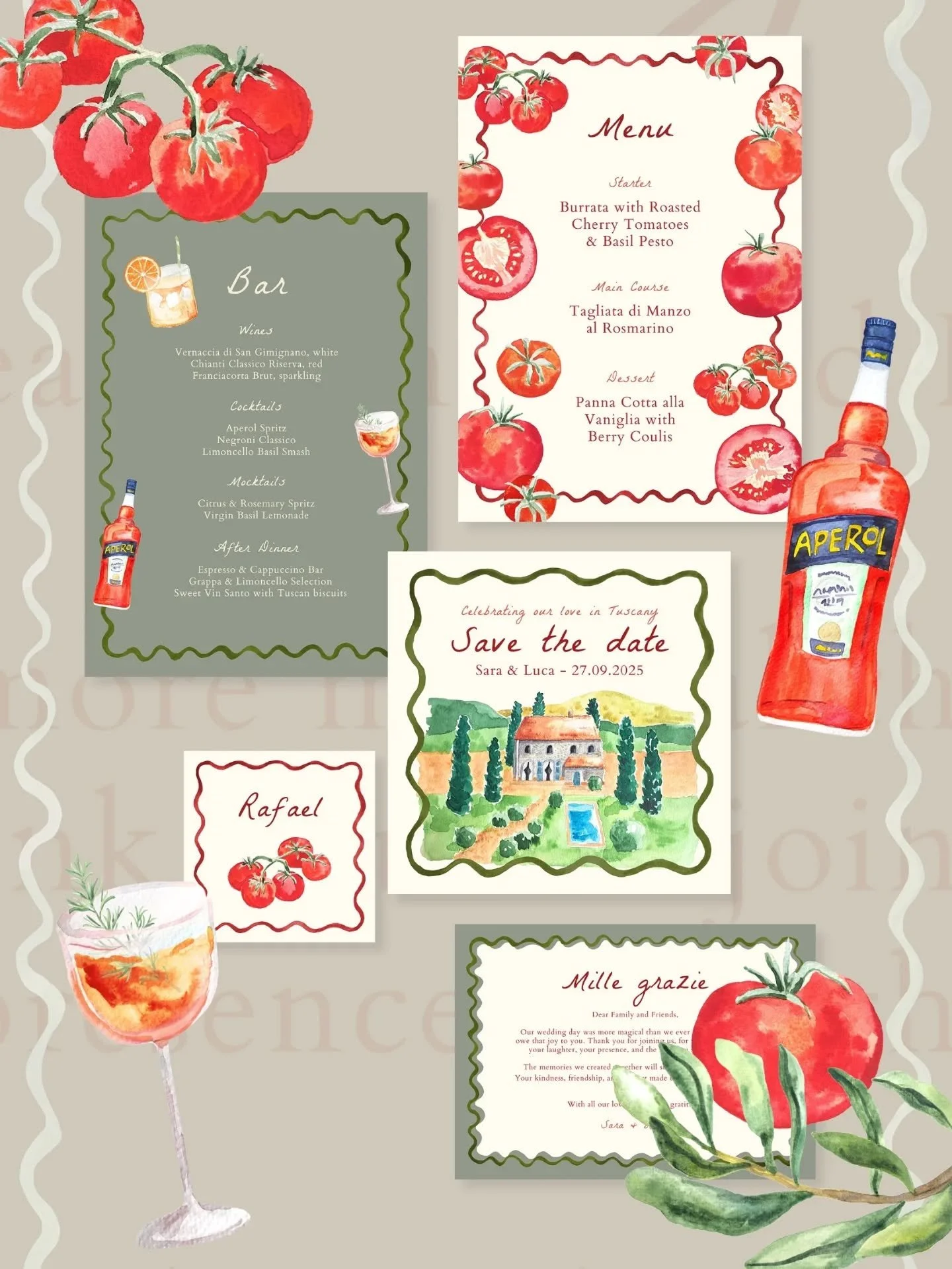 In the last post, I asked you which colorway you liked most for the Toscana wedding suite 🫒🍸

And we have a clear winner with 100% votes: olive green!

Ready to make your wedding unforgettable with custom touches? Let's connect via my website's con