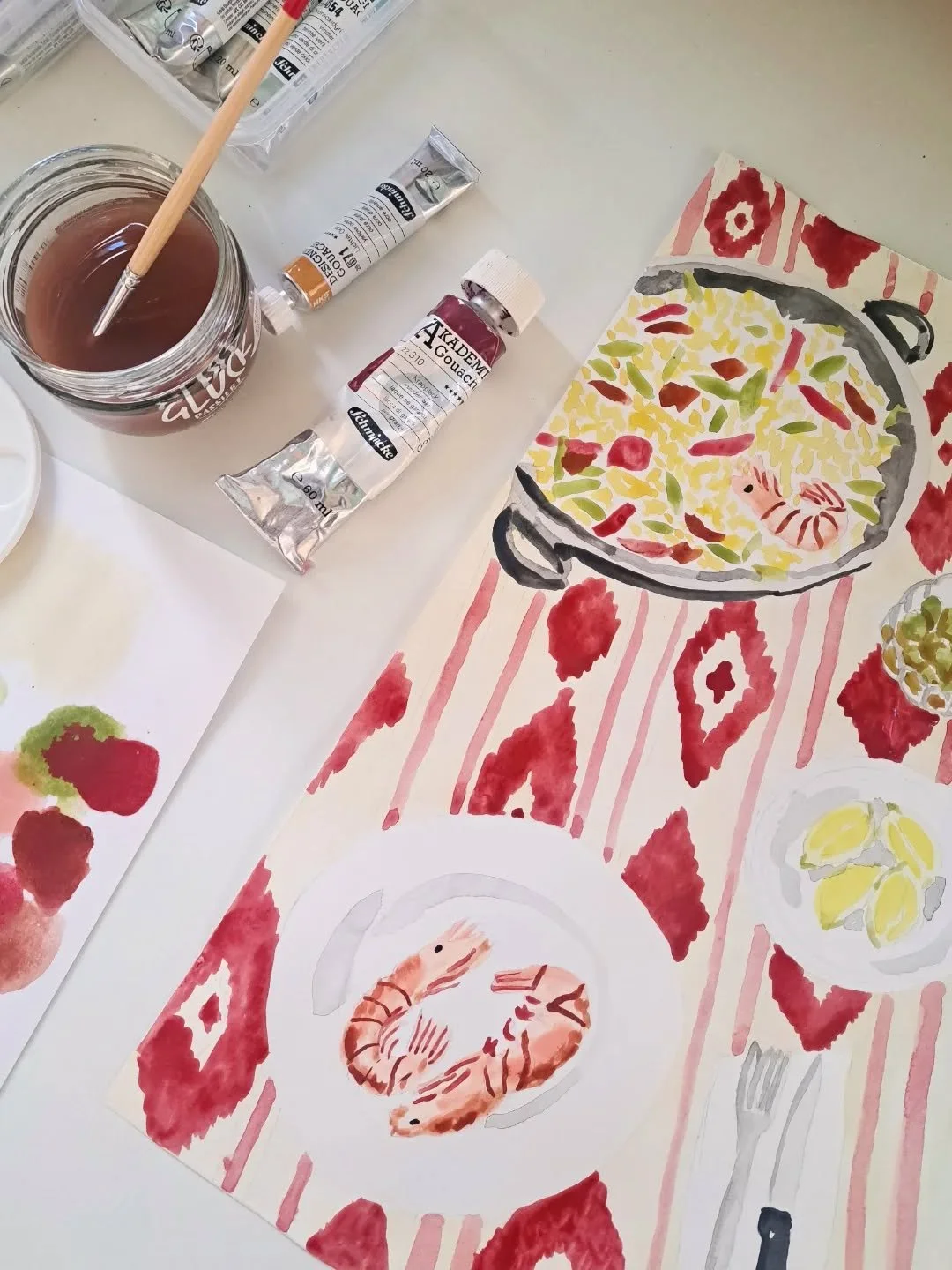 I started a new gouache illustration with the typical Mallorquin paella and a tablecloth with a tongue pattern yesterday. 🍋

#paella #mallorca #lenguasmallorquinas #tablesetting #gouacheillustration