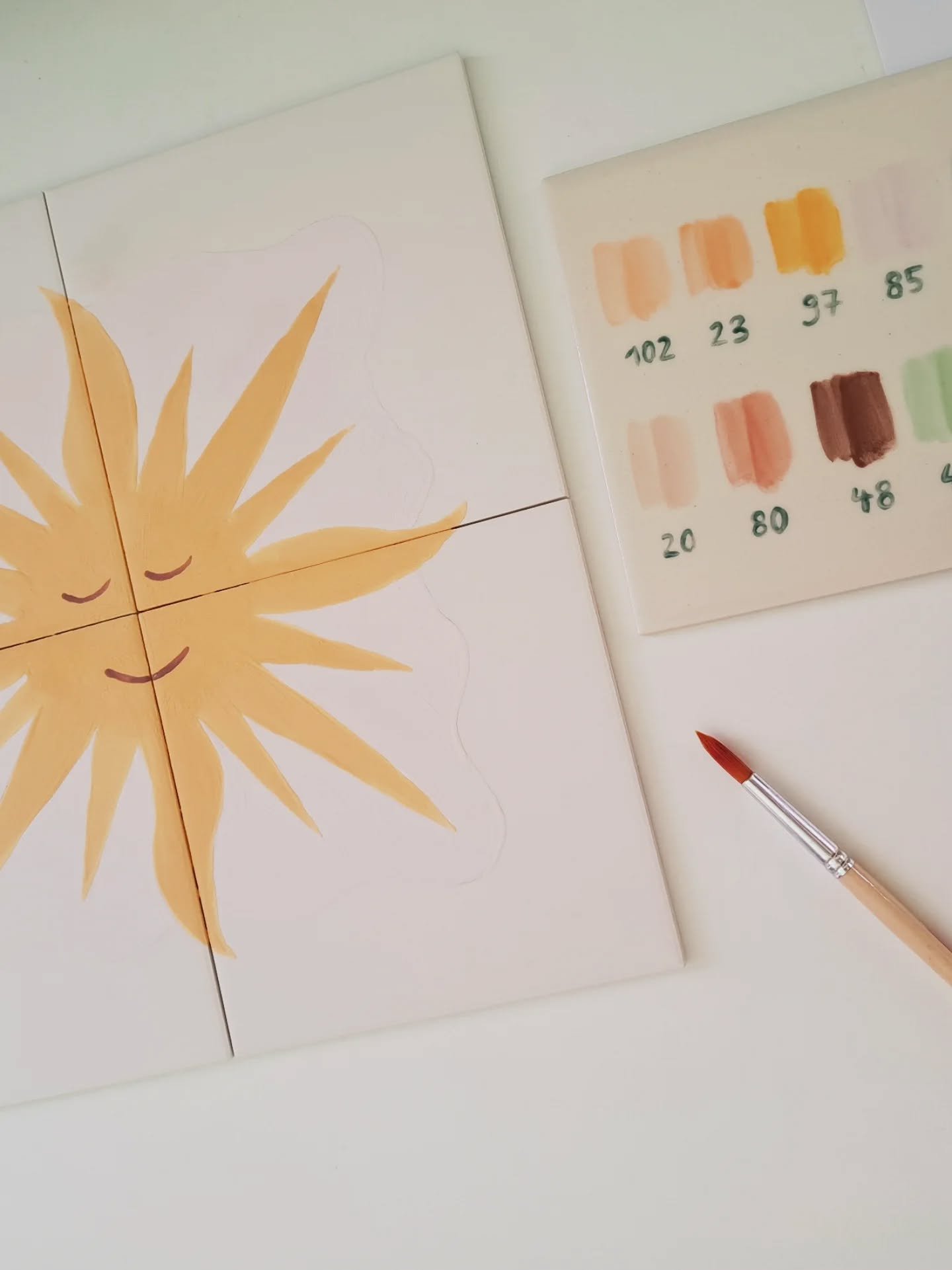 Some days ago I started two new sun tile paintings in 4x4 🌞

As much as I looove the final look of hand-painted ceramics and the unique textures of the glaze, for me it is always a lot of pressure, too. You cannot repaint like on normal canvas. If y