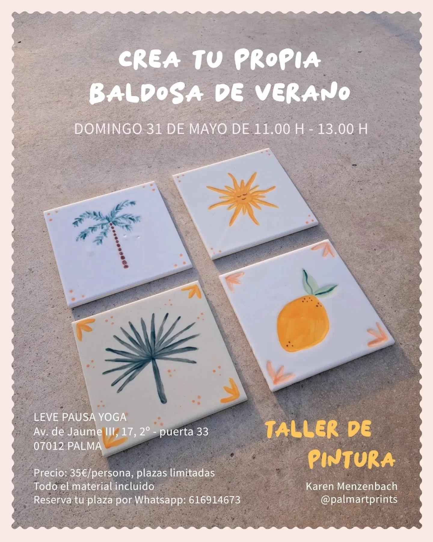 Crea tu propia baldosa de verano. 

En este nuevo taller de pintura te invitamos a sumergirte en una experiencia creativa donde podr&aacute;s dise&ntilde;ar y pintar tu propia pieza &uacute;nica. 

No necesitas experiencia, solo ganas de crear, desco