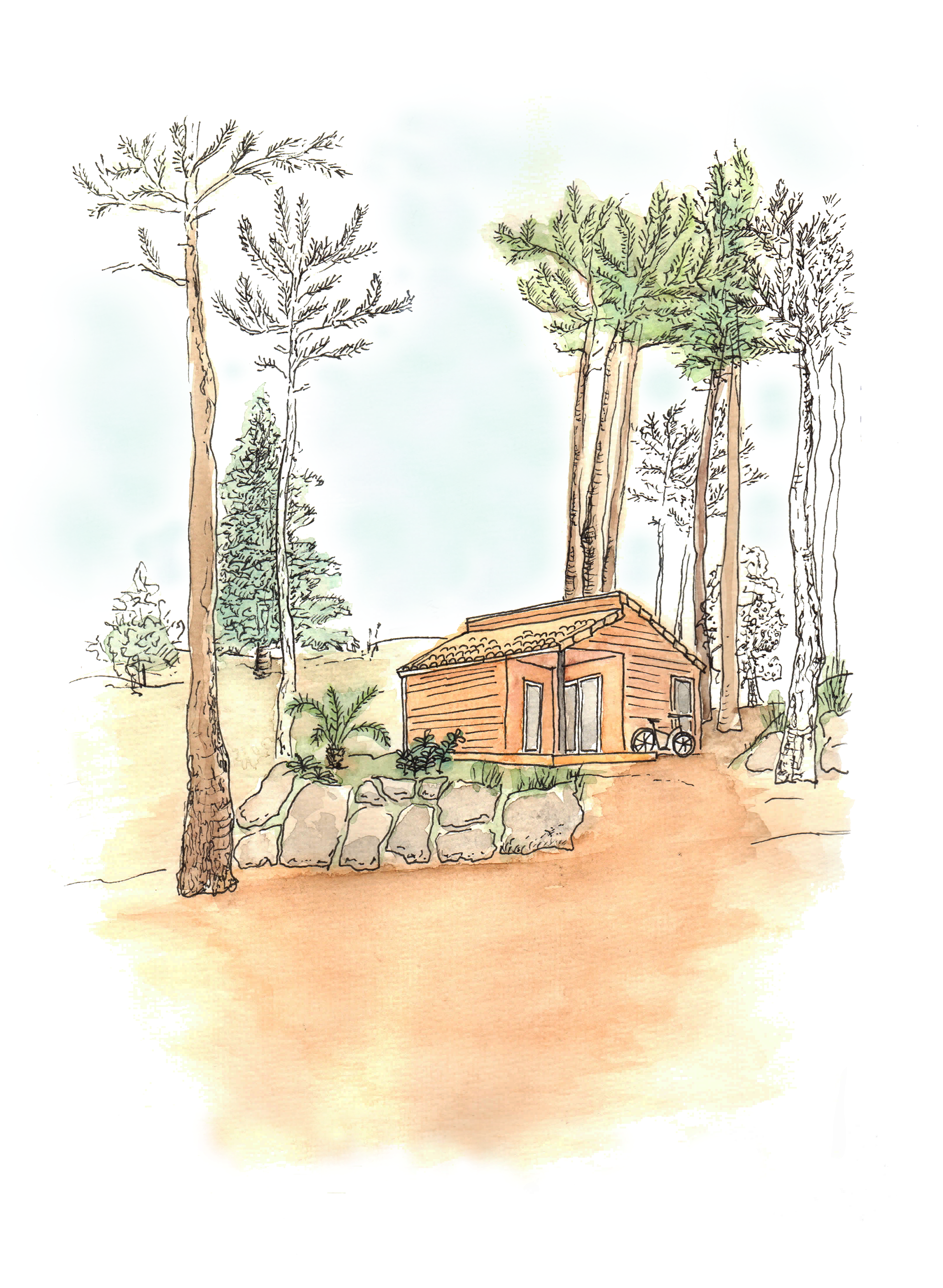 A watercolor style illustration of a small wooden cabin surrounded by tall trees, with a rock border and some plants in the foreground.