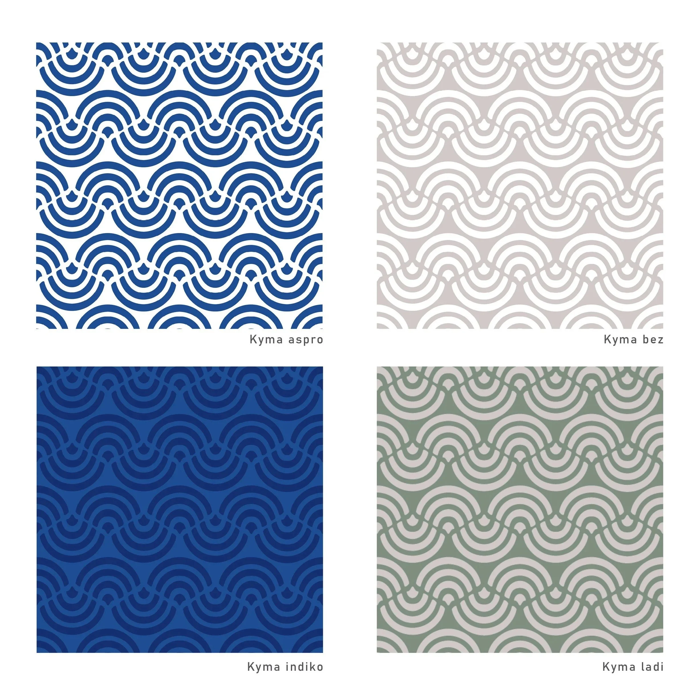 Four square pattern samples labeled as Kyma aspro, Kyma bez, Kyma indiko, and Kyma ladi, featuring geometric wavy line designs in white, blue, and gray tones.