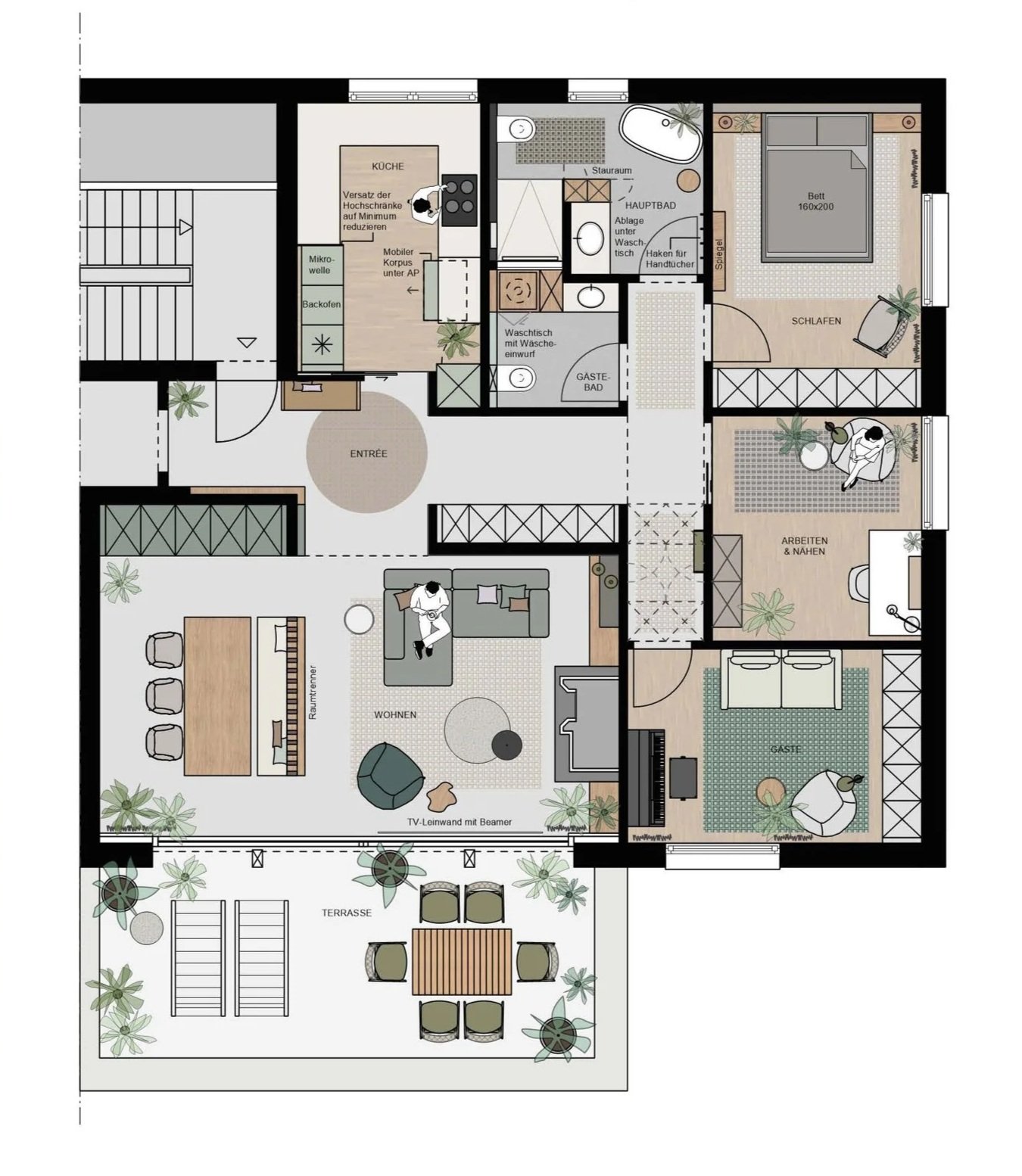A detailed floor plan of a house showing various rooms, including living room, kitchen, bedrooms, bathrooms, office space, and a terrace with outdoor seating and plants.