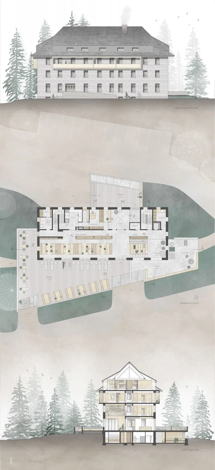 Architectural elevation, floor plan, and section views of a multi-story residential building with outdoor terraces, set among trees.