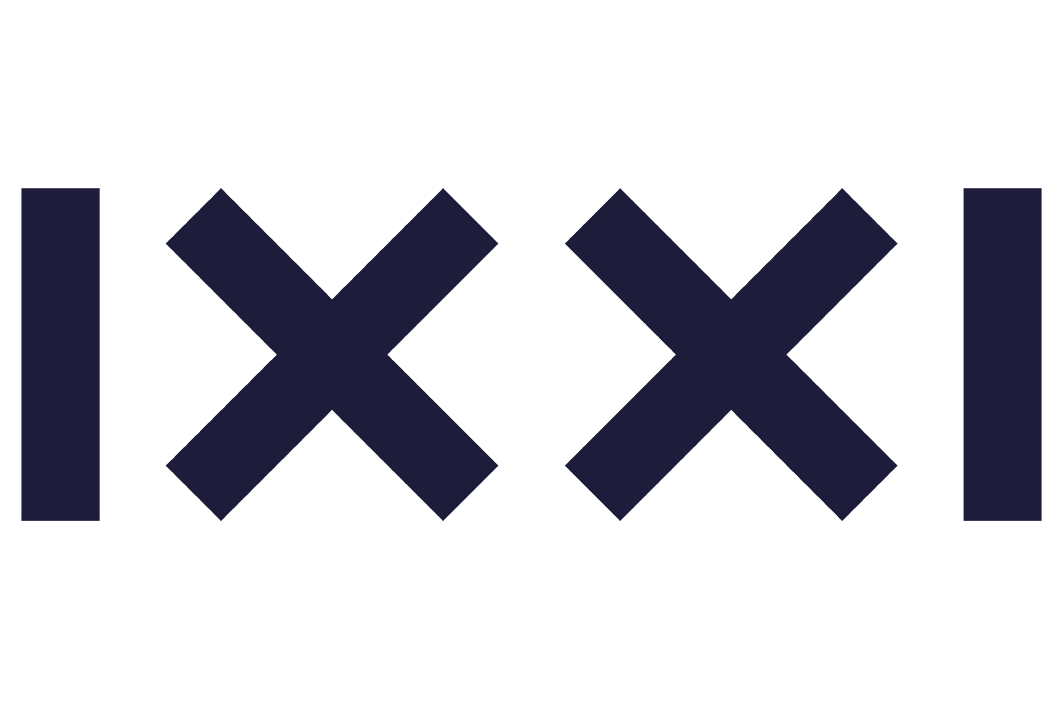 The text "IXXI" in dark blue font on a black background.