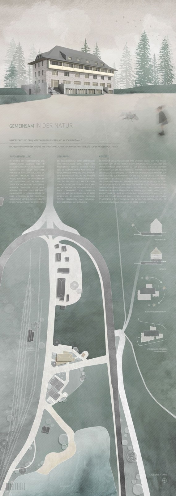 Illustration of a nature-inspired building design project with a large, multi-story structure surrounded by trees and landscape features, including a diagram of the layout and construction details.