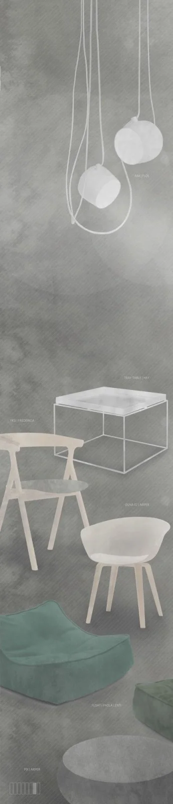 Interior design diagram showing modern furniture and lighting fixtures, including hanging pendant lights, a glass table, a chair, a stool, and bean bag chairs on a gray background.