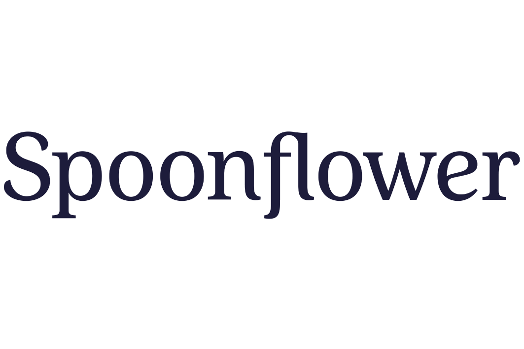 The image features the word 'spoonflower' written in large, dark purple letters underneath a partial view of a small, green plant and a blue sky with some clouds.