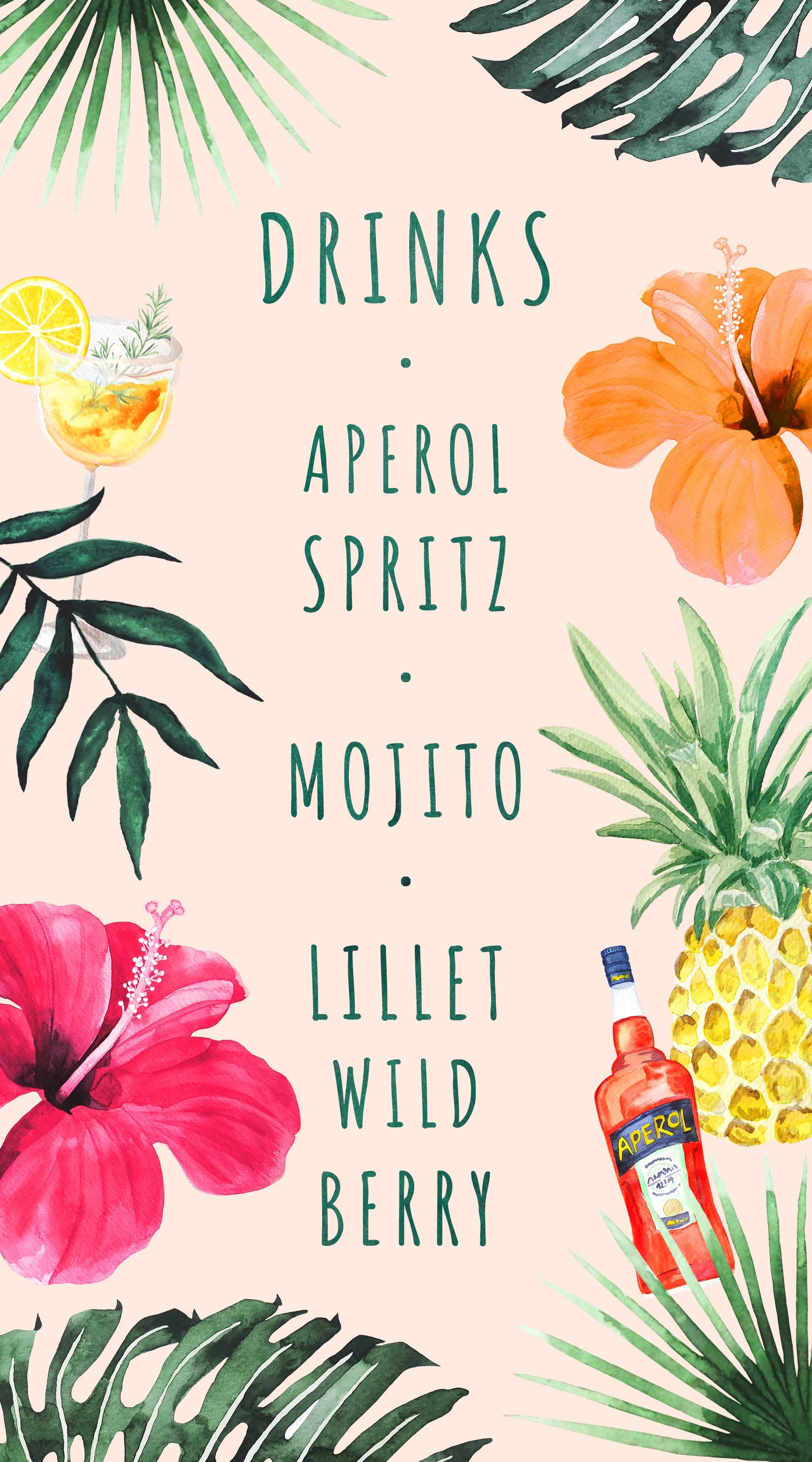 A tropical-themed menu listing drinks such as Aperol Spritz, Mojito, and Lillet Wild Berry, decorated with illustrated tropical leaves, flowers, a citrus drink, a pineapple, and a bottle of Aperol.