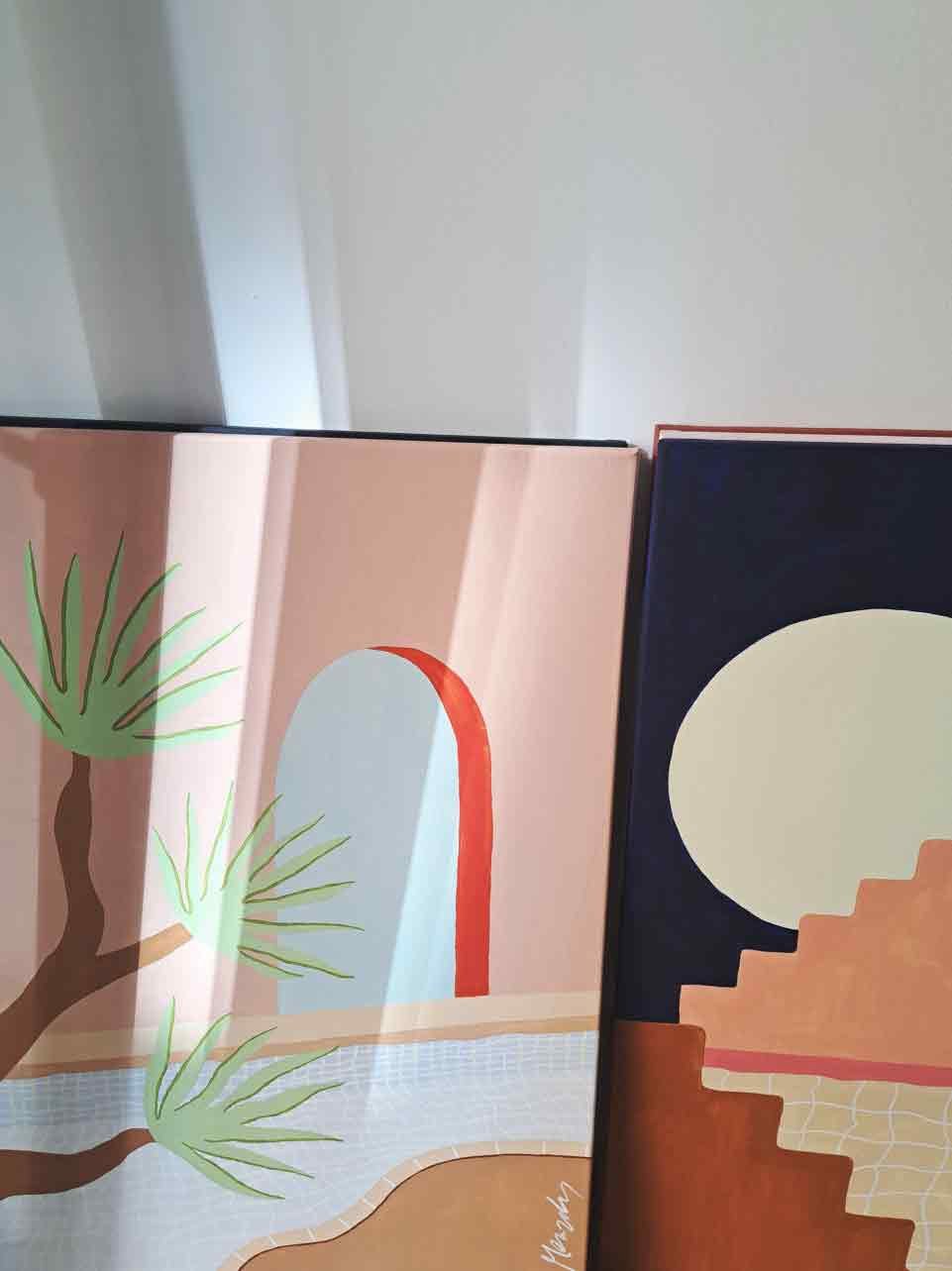 Illustration of an arched doorway with a red frame, a stairway, a tree with green branches, and a large circular moon or sun in the sky.