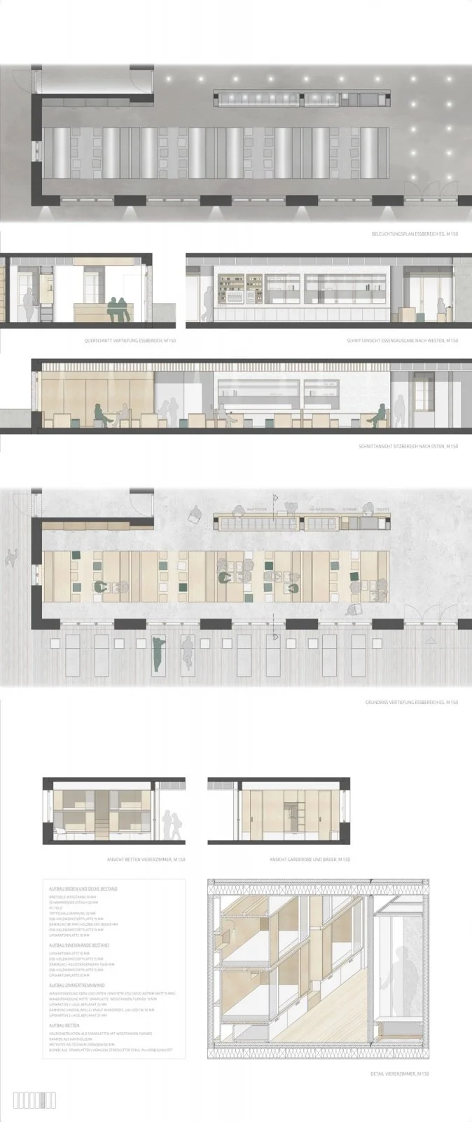 Architectural floor plans and sections of a modern building, showing interior layouts, furniture arrangements, and structural details in a grayscale and pastel color palette.