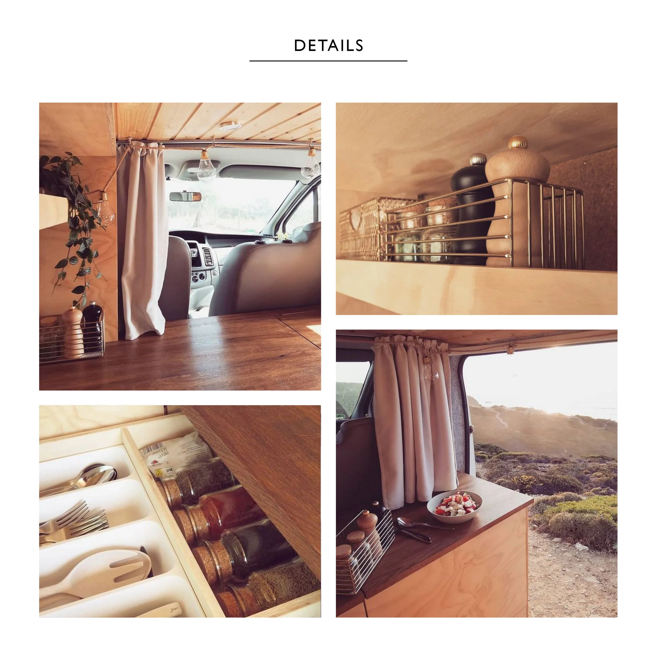 Collage of four images inside a camper van: front view of the driver and passenger seats with curtain separating living area; spice rack with salt, pepper, and other spices; drawer with cutlery set; and a table by a window with a bowl of strawberries
