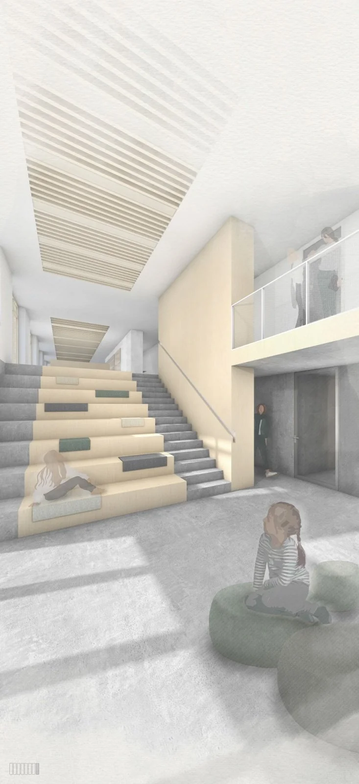 Interior of a modern building lobby with stairs, sitting children, and people on the upper level.