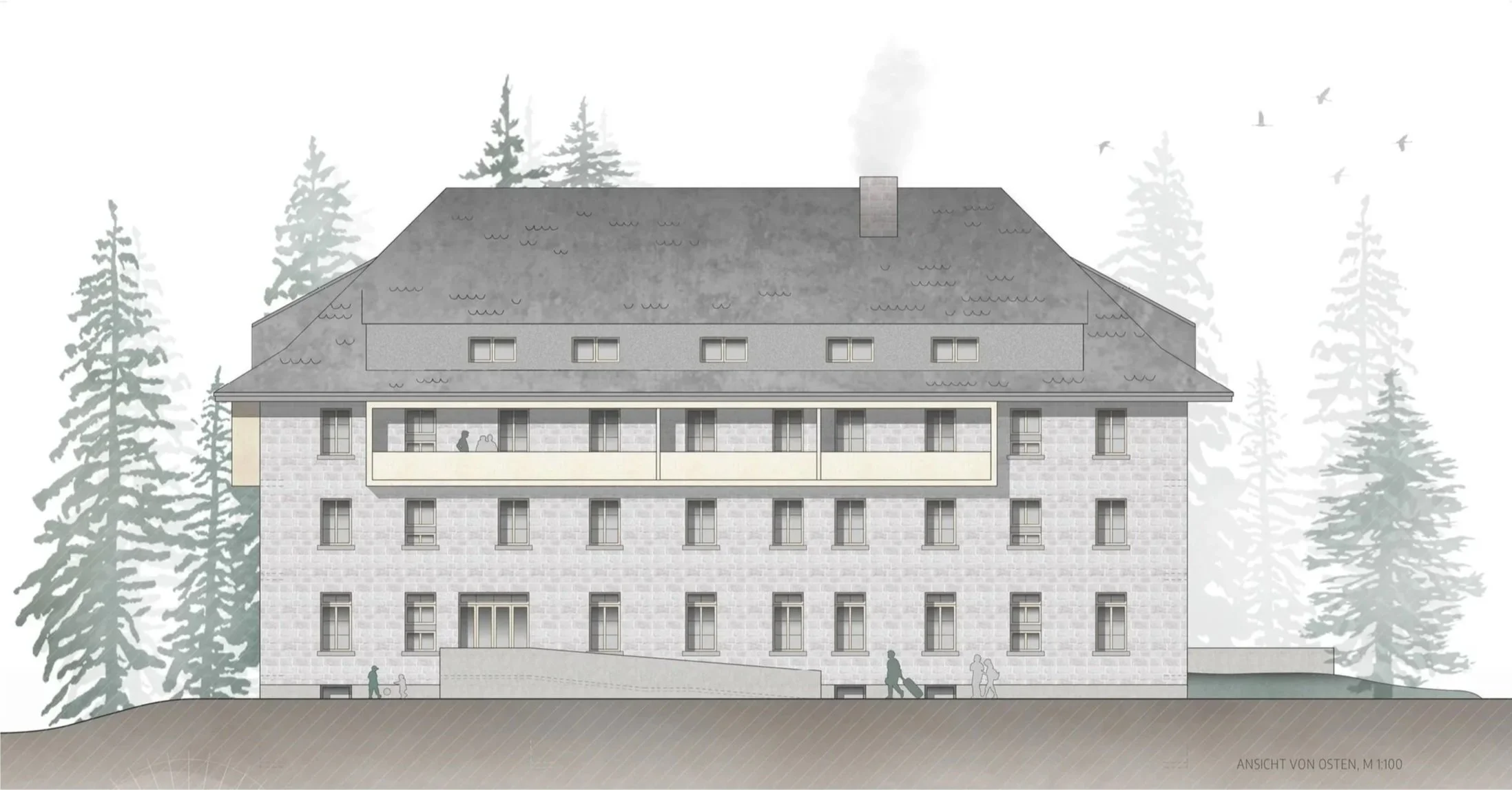 Elevation view of a four-story building with a sloped roof, surrounded by tall pine trees, with people walking outside and on the balcony.
