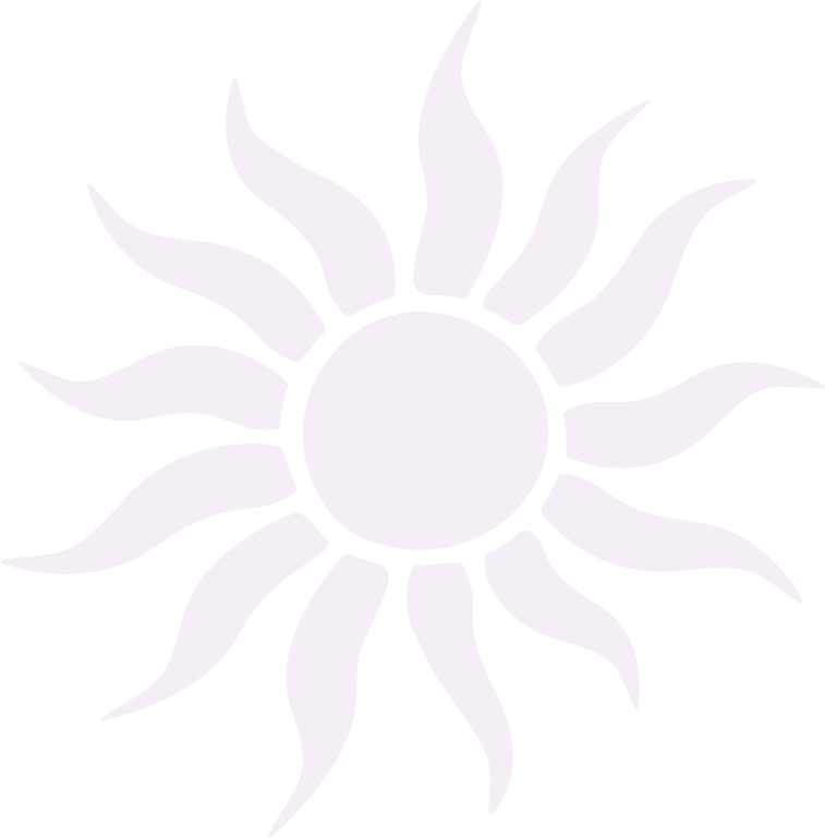 Stylized sun with a circular center and wavy rays extending outward, black and white illustration.