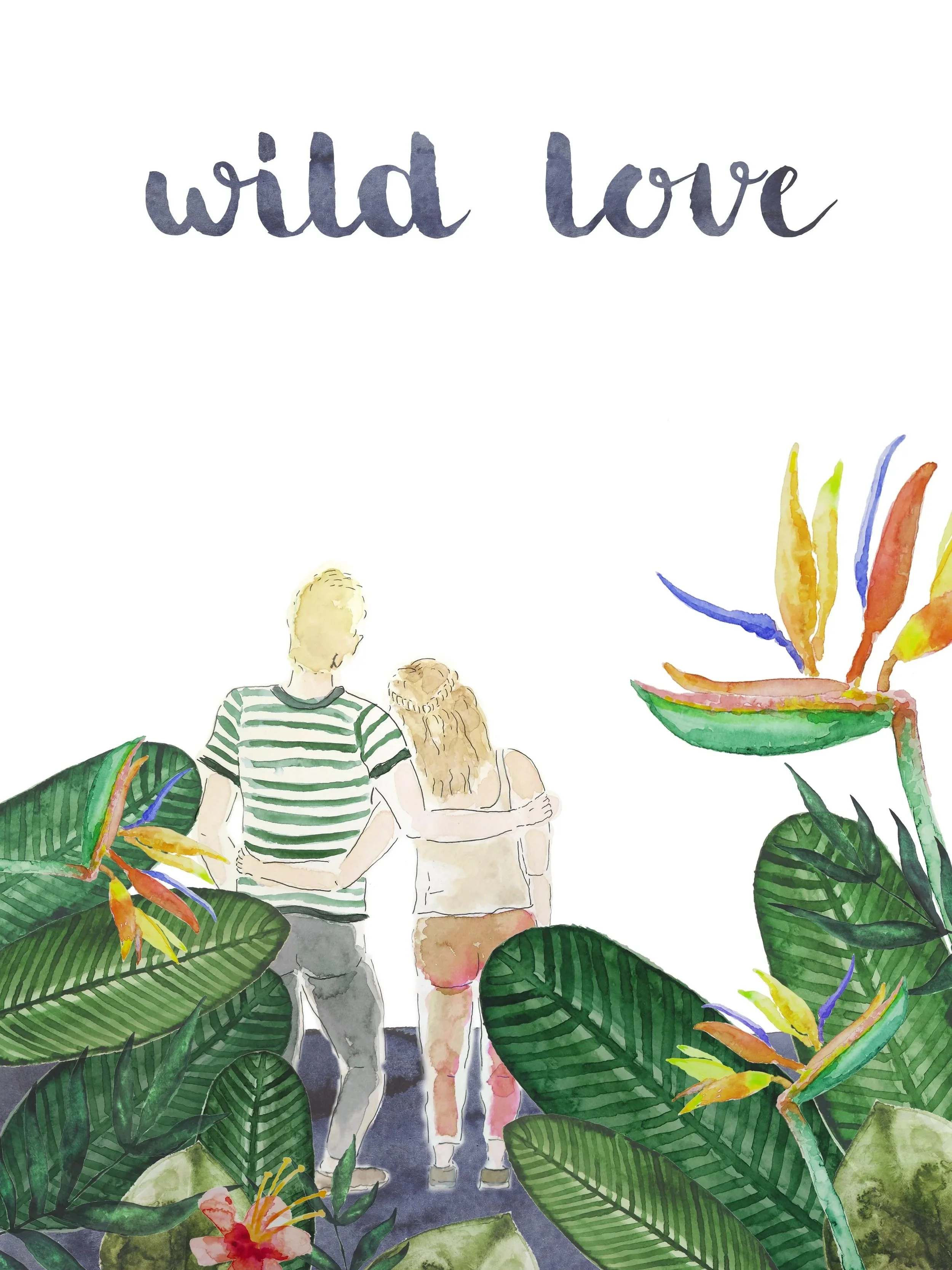 Watercolor illustration of a couple walking away, holding each other, surrounded by tropical leaves and flowers, with the text 'wild love' at the top.