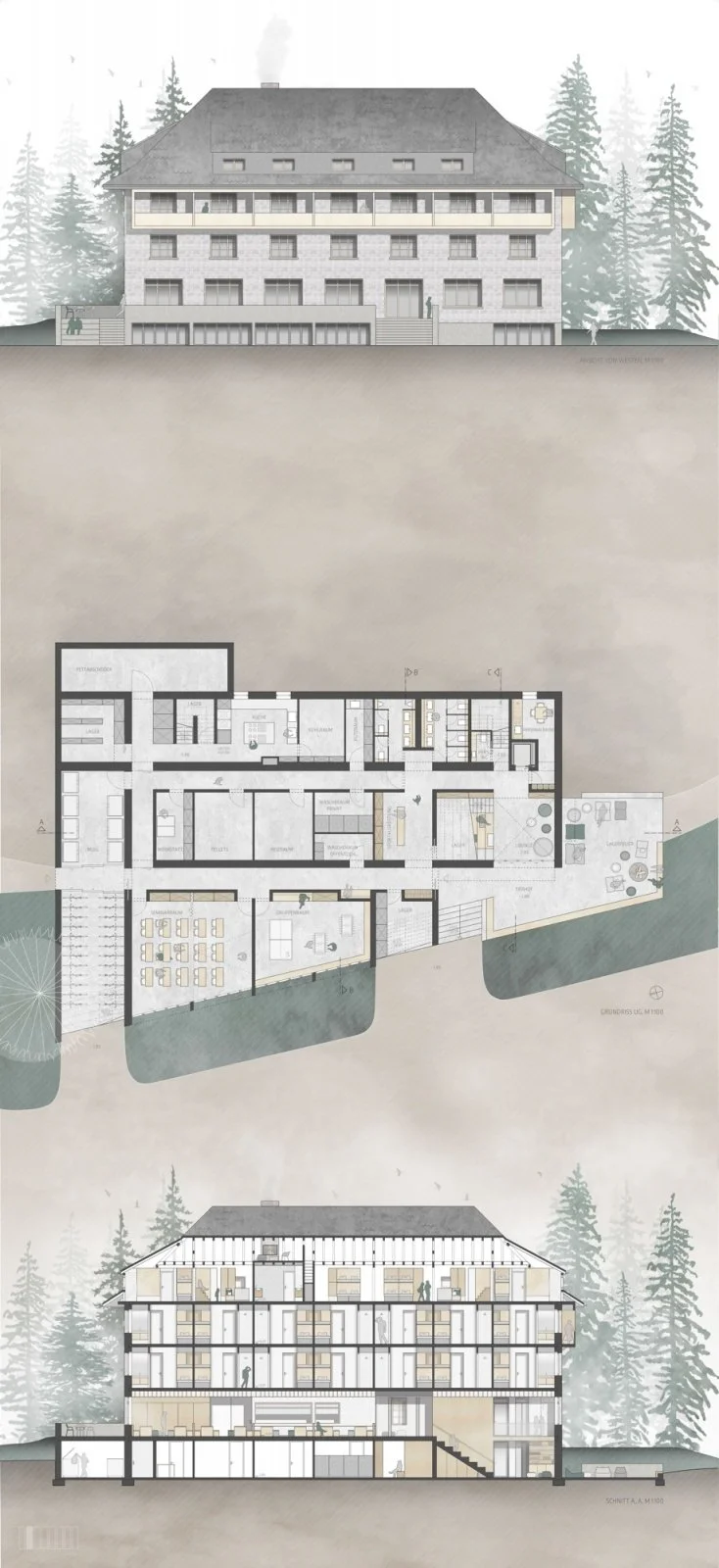 Architectural drawing of a multi-story mountain lodge with detailed floor plans and cross-sectional views, surrounded by pine trees.