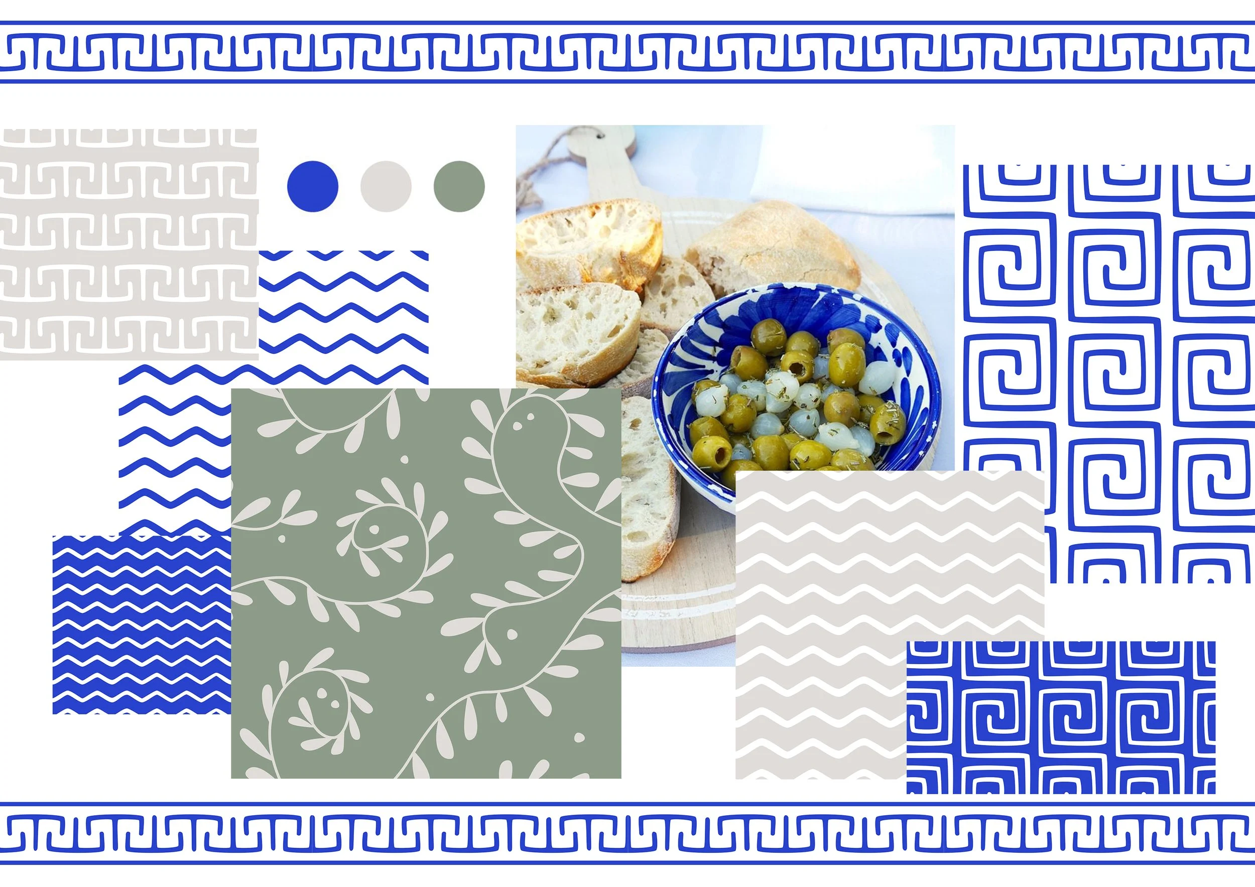 A plate of mixed olives, bread slices, and a bowl of white cheese with herbs on a wooden board, photographed against a patterned collage background.