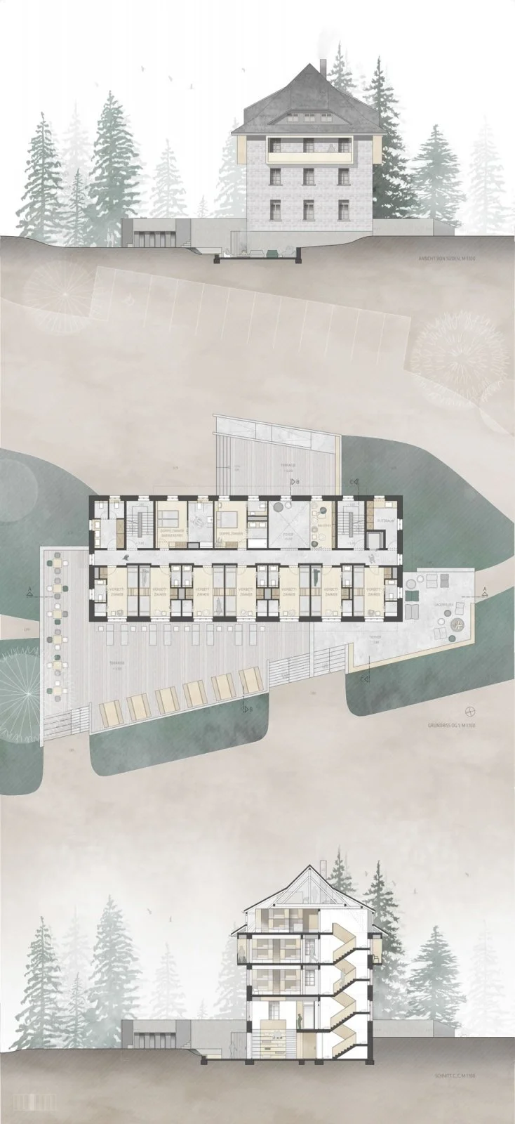Architectural drawing of a multi-story lodge or hotel with roof deck, floor plans, and cross-section, surrounded by trees, in a forested setting.