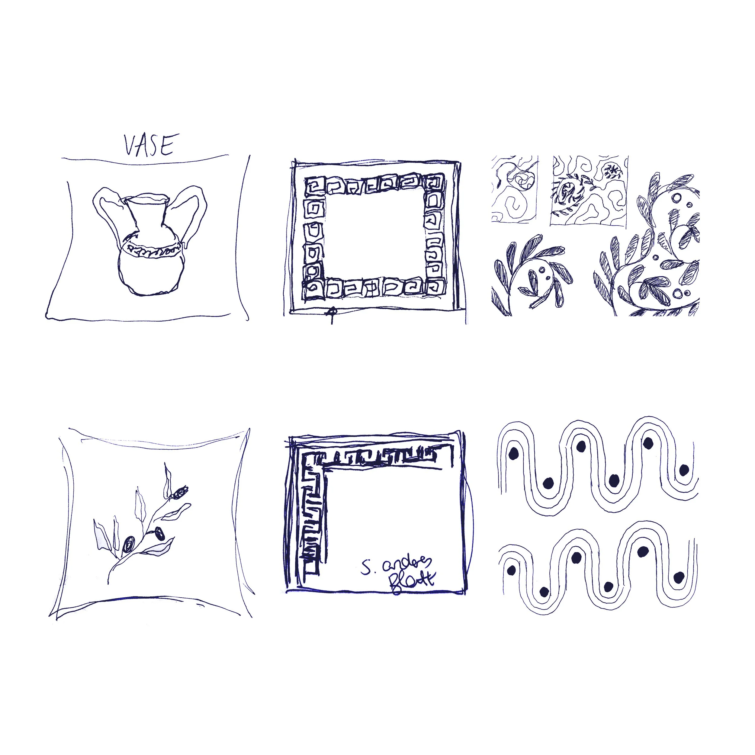 Two rows of six sketches, each depicting decorative objects such as a vase, geometric frames, abstract floral patterns, and wavy designs.