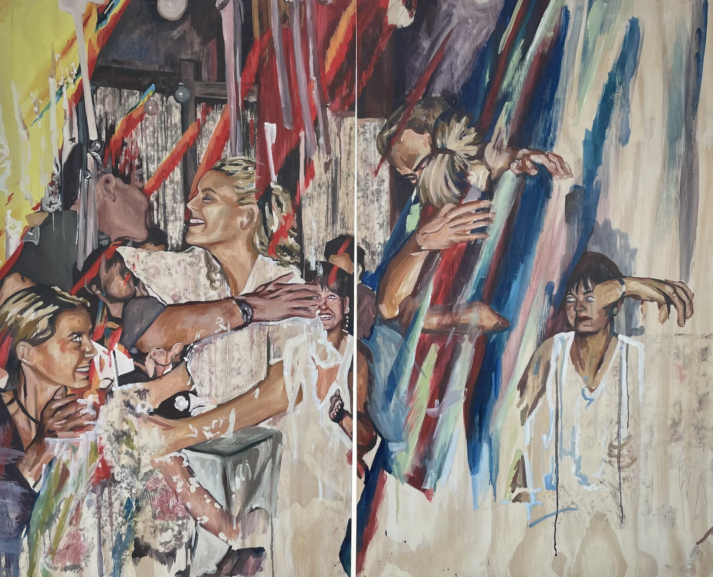 Untitled, 2022, oil and acetone print on wood panels, 124 x 210cm