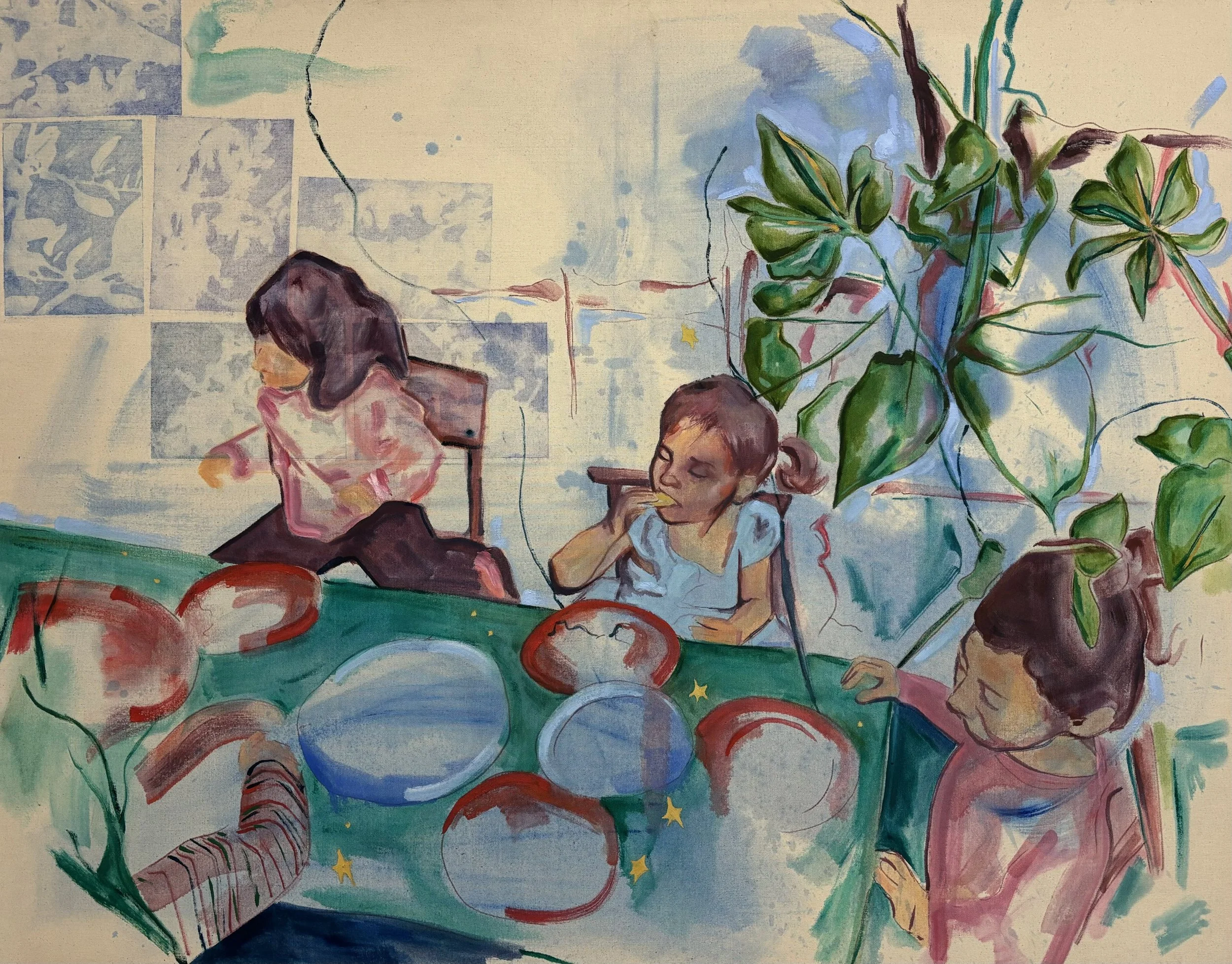 Food, 2025, oil and drypoint print on canvas, 134 x 107 cm