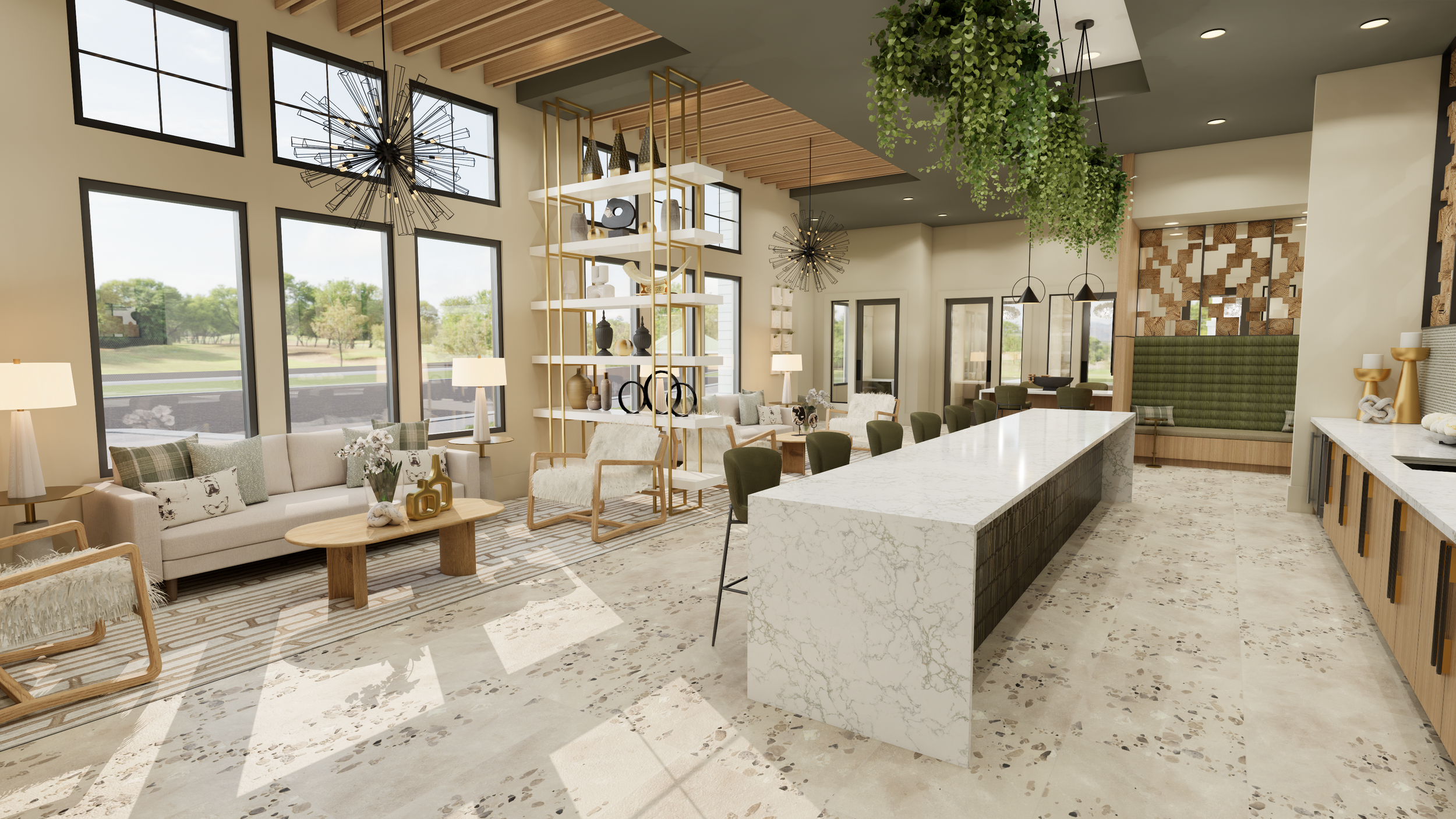Modern, stylish open-concept living space with large windows, a kitchen island with a white marble countertop, greenery hanging from the ceiling, and contemporary furniture in neutral tones.