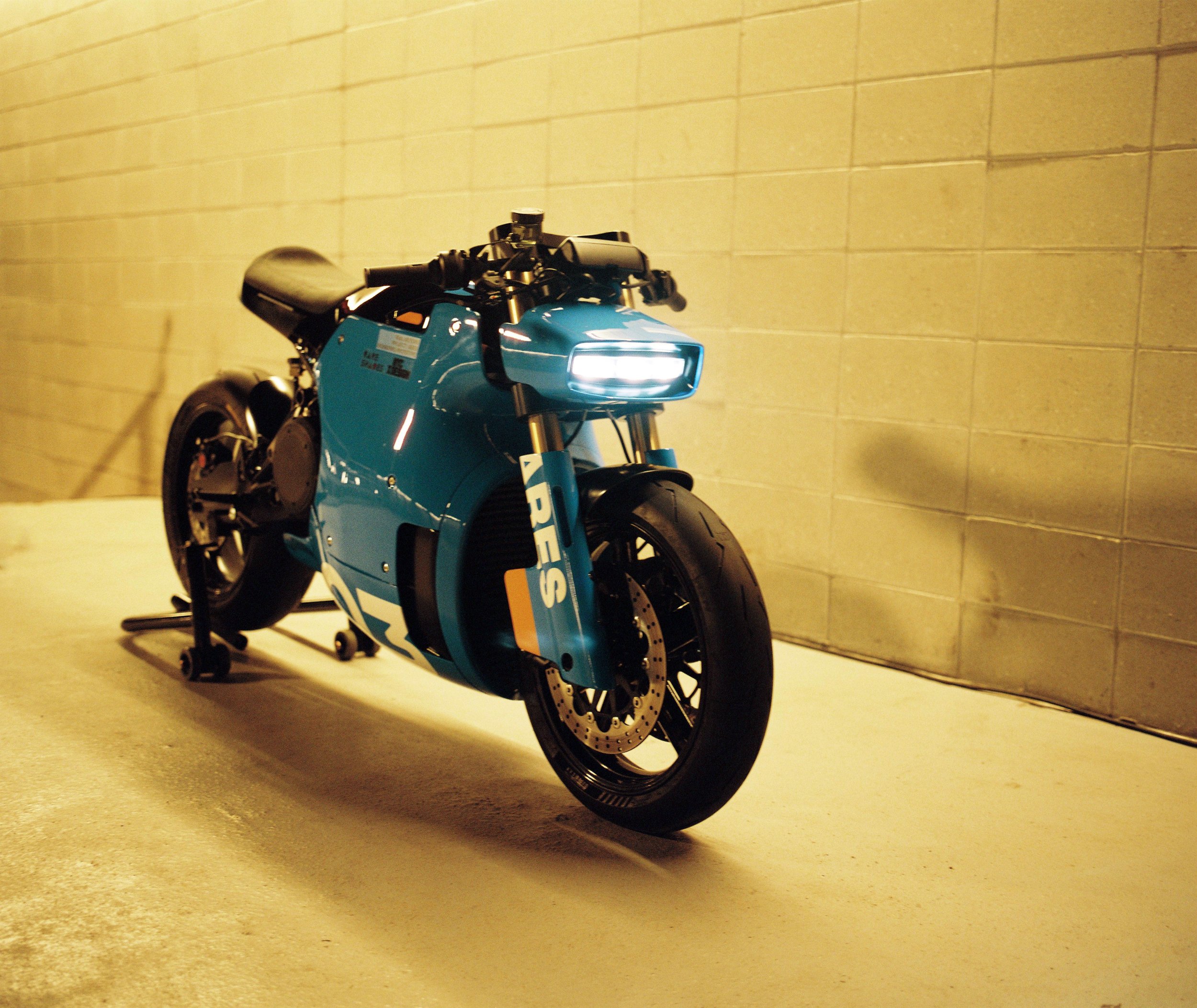 a front side view of the Real Motors Project ARES motorcycle